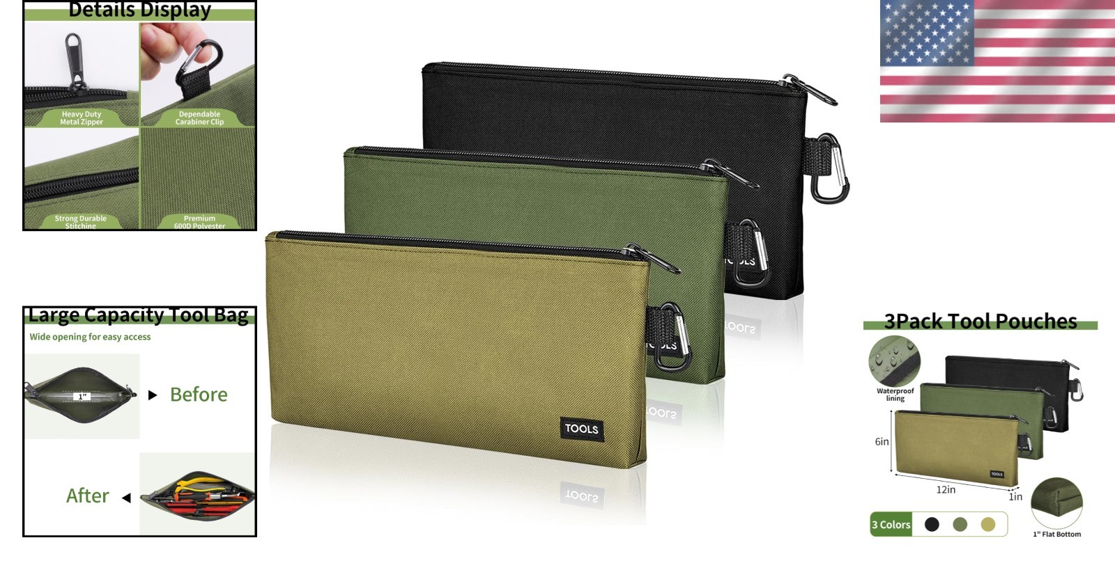 Versatile 3 Pack Tool Pouches – Waterproof, Durable & Easy Access Zipper Bags