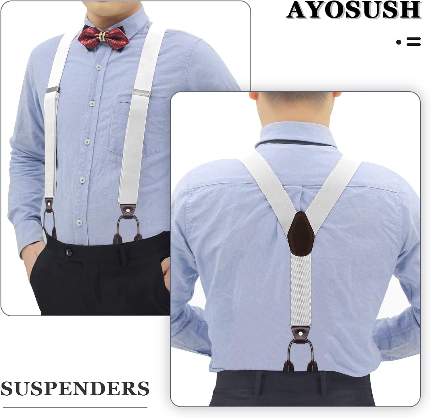 Suspenders for Men Button End Heavy Duty Big and Tall One Size, White