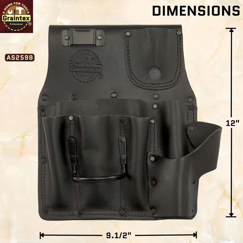 6-Pocket Black Top Grain Leather Left Handed Drywall Pouch with Ambassador Serie