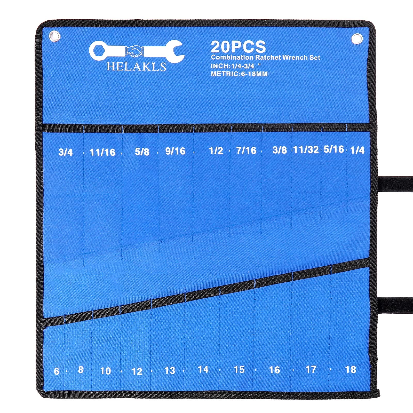HELAKLS 20 Pockets Metric & SAE Wrench Tool Roll Up Pouch Utility Heavy blue