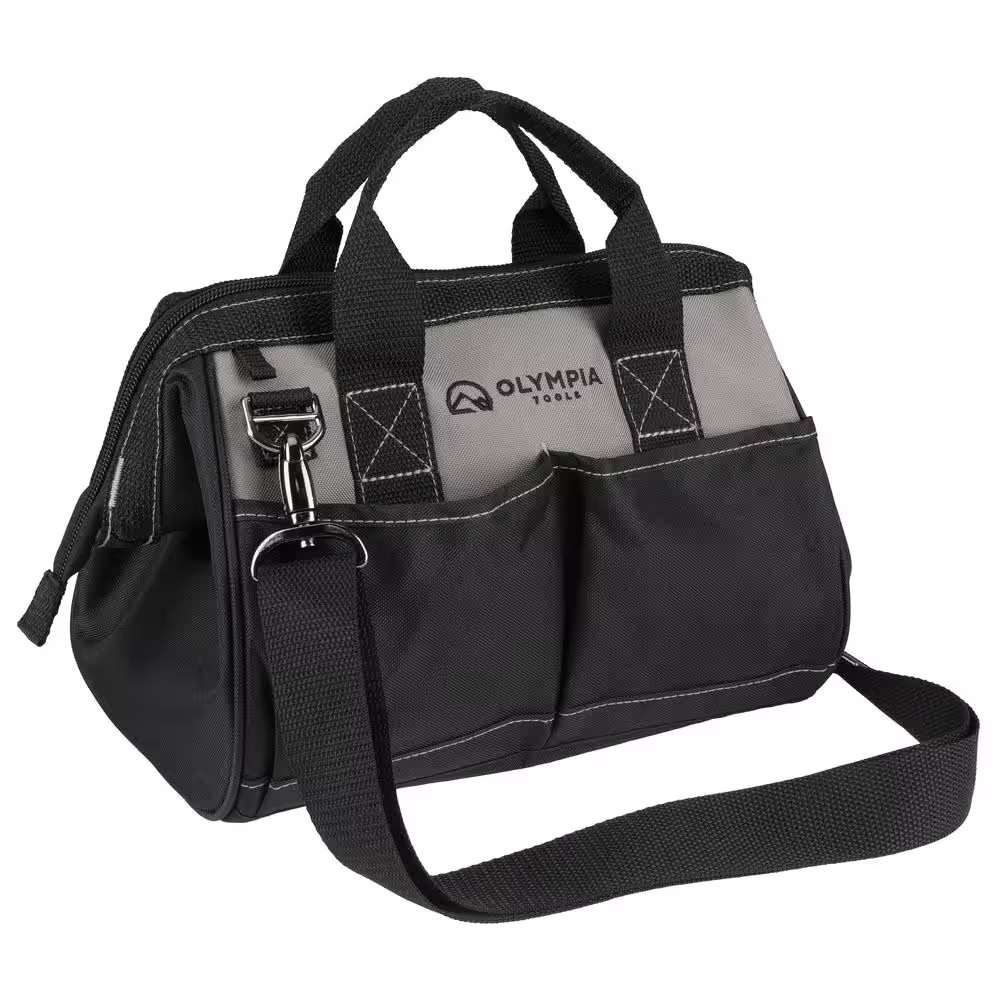 12 In. Black Water-Resistant Tool Bag with Dual Zipper, Adjustable Shoulder Stra