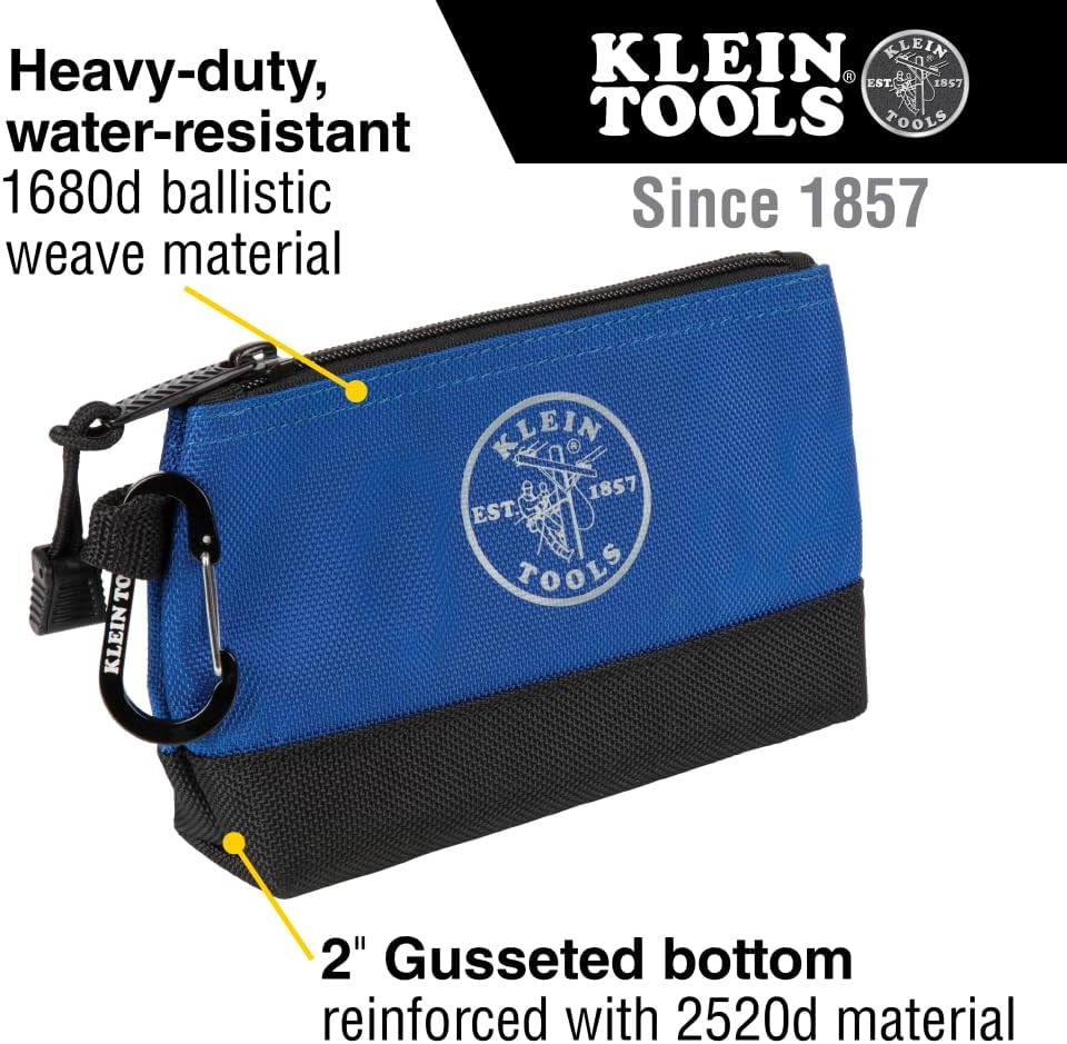 Klein Tools 55559 Stand-Up Zipper Bag Tool Pouch with Carabiners, 7-Inch Blue an