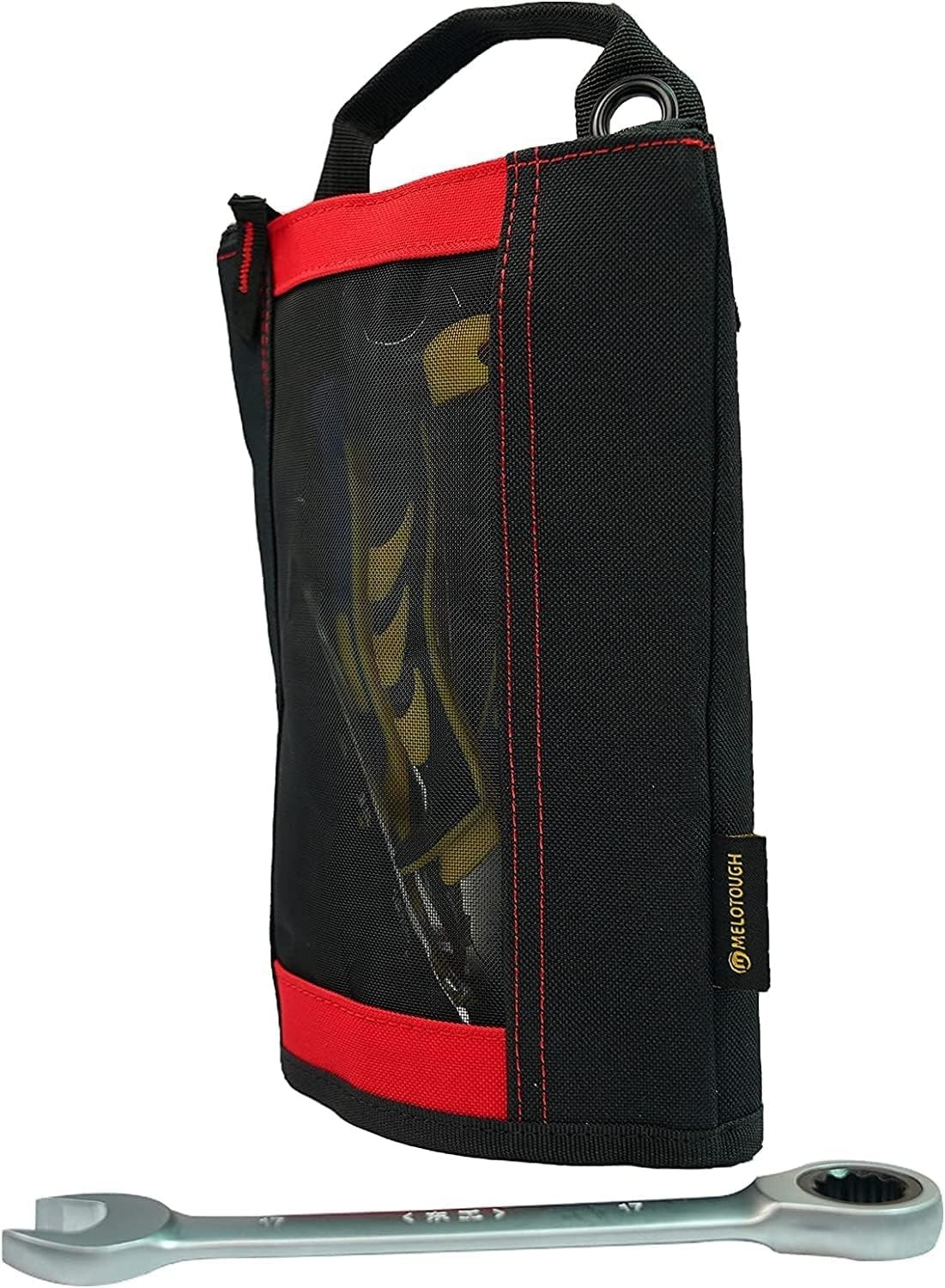 Red Canvas Tool Bag, Heavy Duty Zipper Pouch, Mesh Window, Hanging Grommet St…