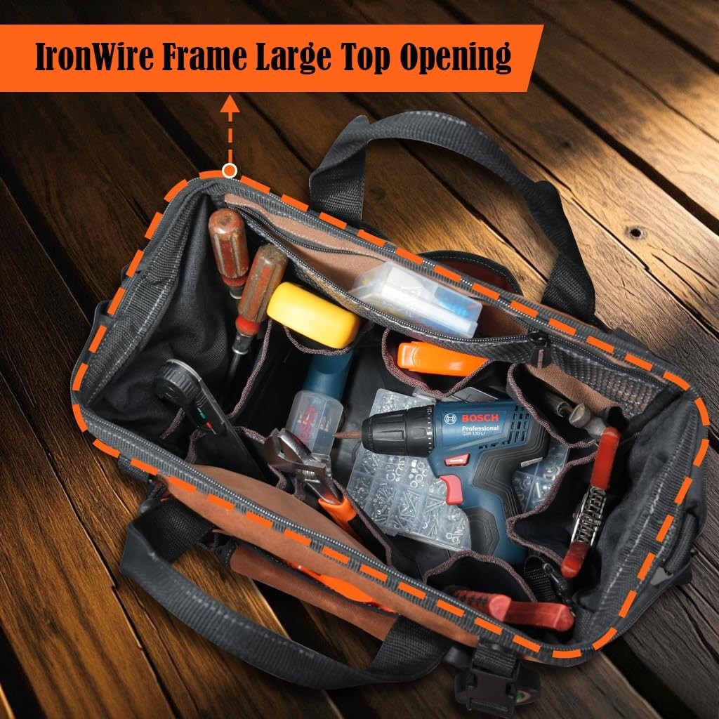 22-Pocket Heavy Duty Tool Bag – 14″ Waxed Canvas, Hard Bottom, Electrician & Mec
