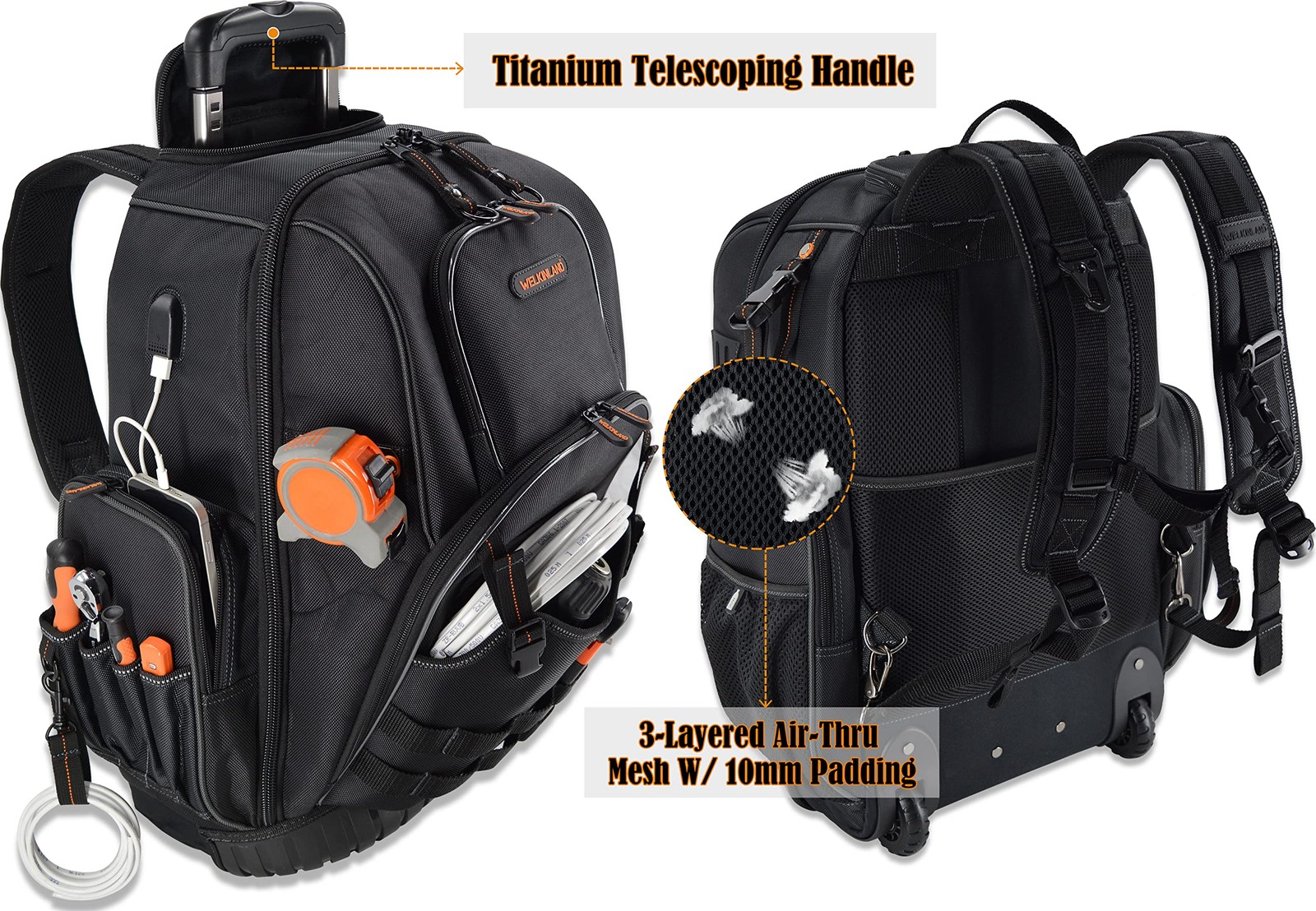 WELKINLAND 72Pockets Rolling Tool backpack, Large tool Large, Black w/ Orange