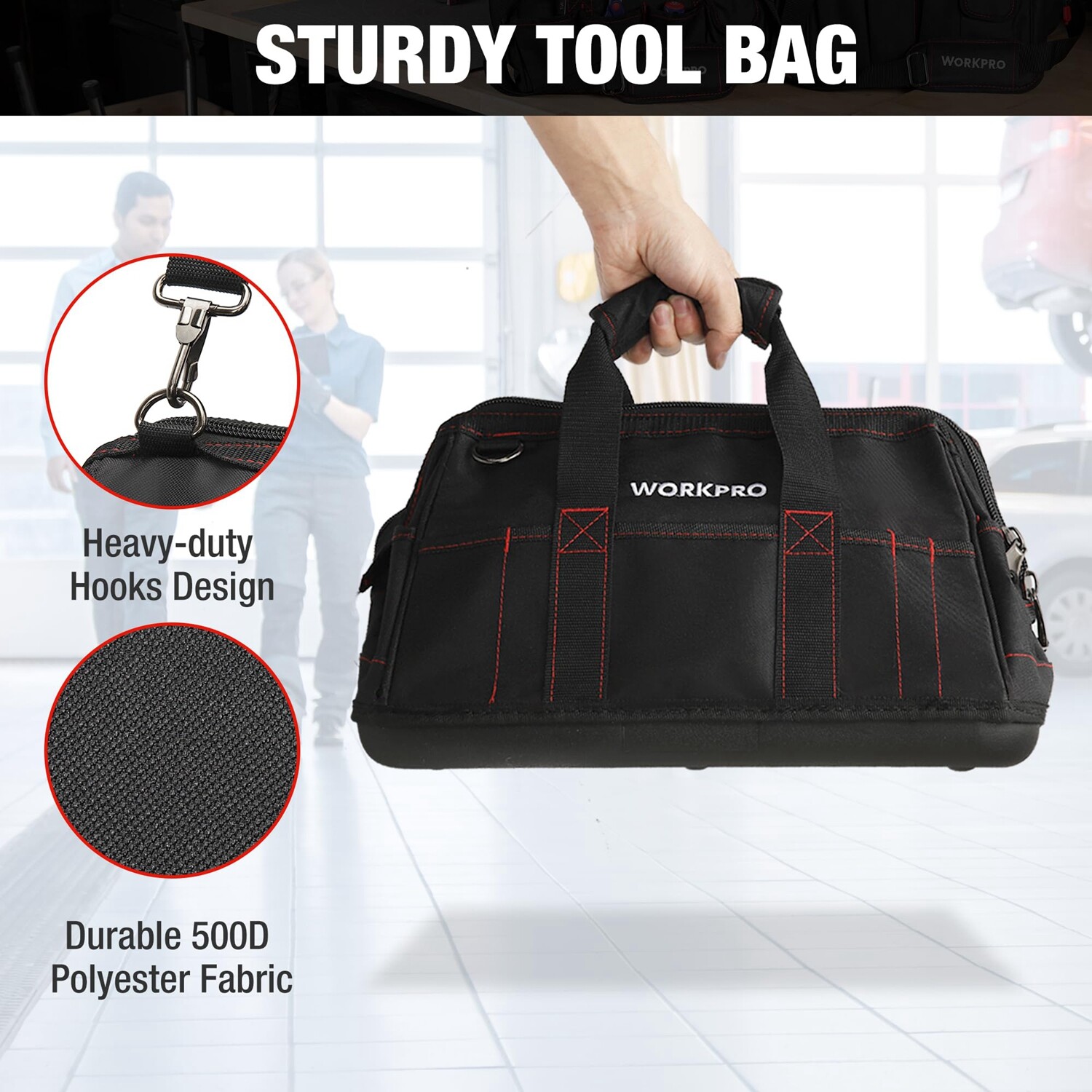 WORKPRO 16-inch Close Top Wide Mouth Tool Storage Bag Water Proof Rubber Base
