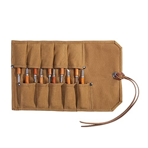 Tool Roll, Heavy Duty Waxed Canvas Small Tool Bag Tool Pouch for Chisels, Khaki