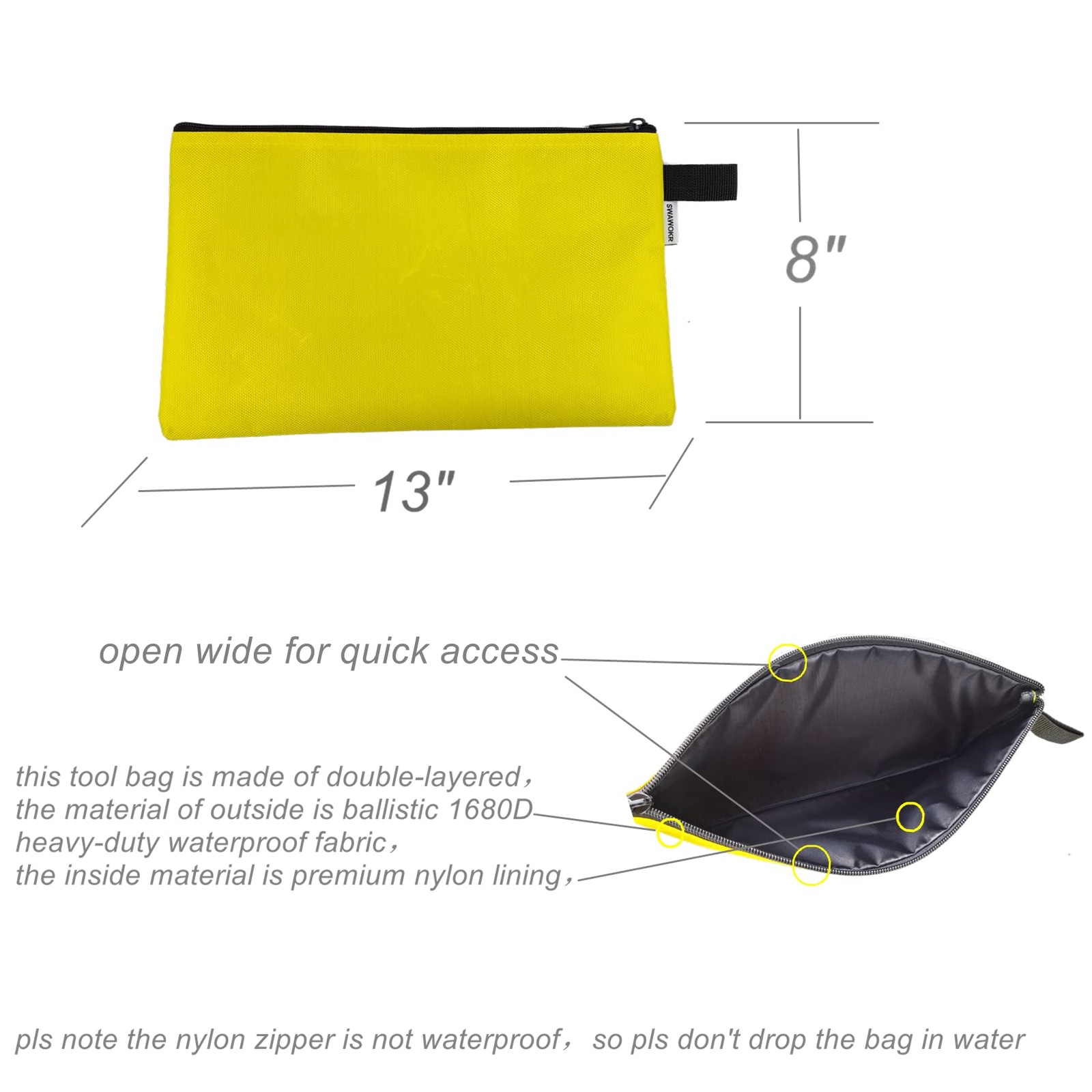 5 Pack 13×8 inch Tool Bag Zipper Pouch, Utility, Multipurpose Storage, Pencils