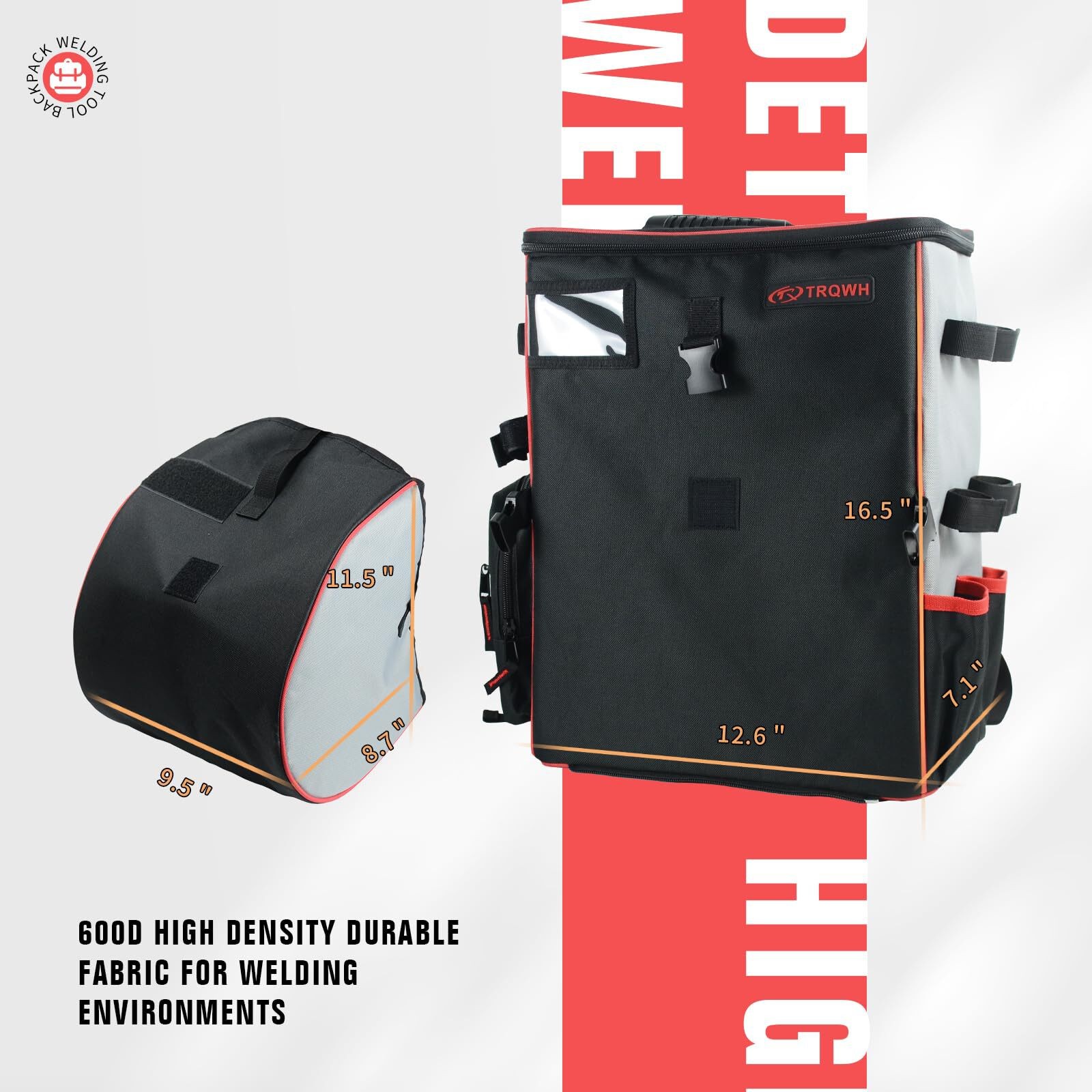 TRQWH Industrial Welding Gear Pack with Helmet Holder, 14 Compartments, Black
