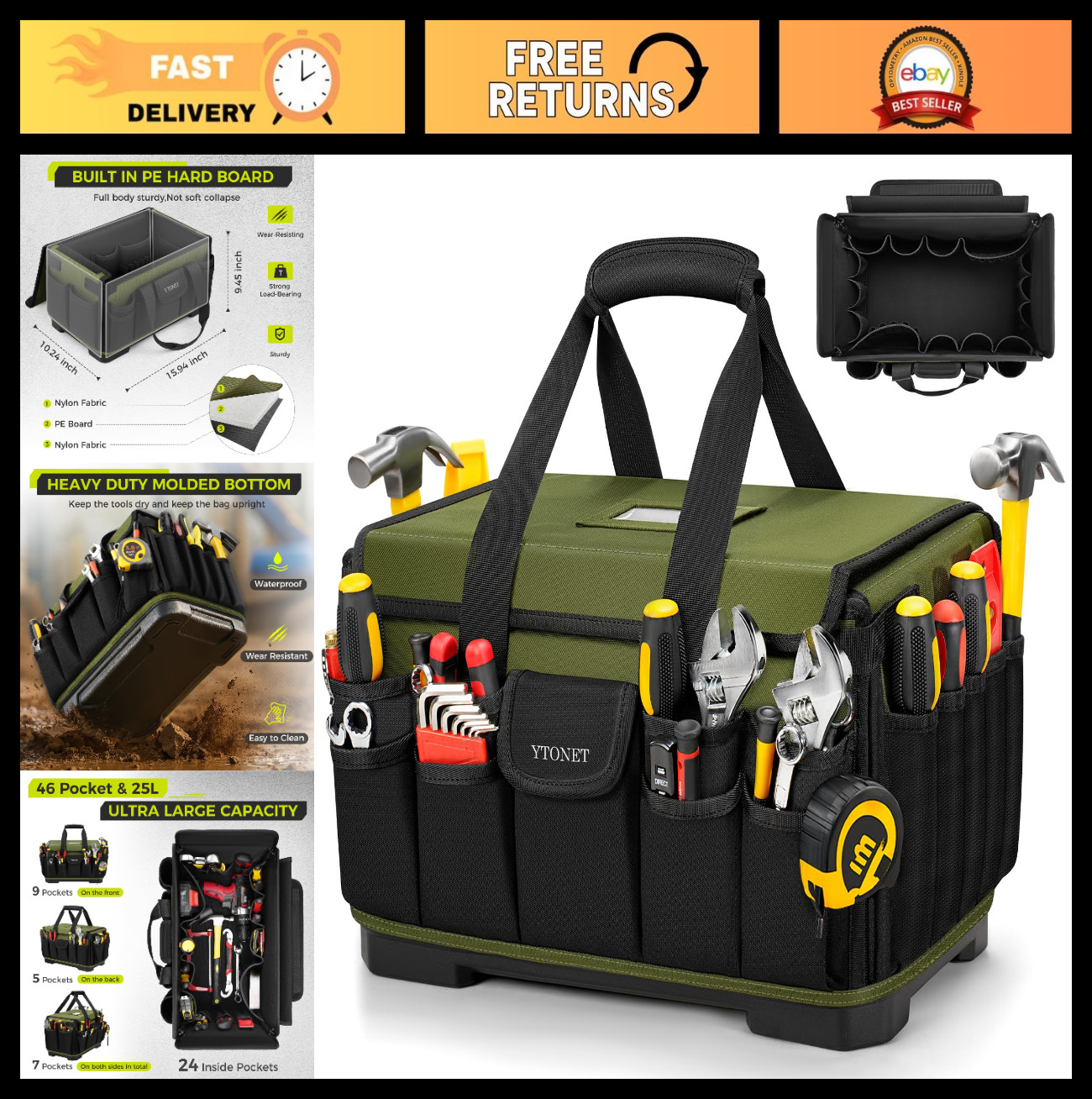 16″ Heavy Duty Tool Bag with 46 Pockets, Waterproof & Hard Bottom, Ideal for Ele