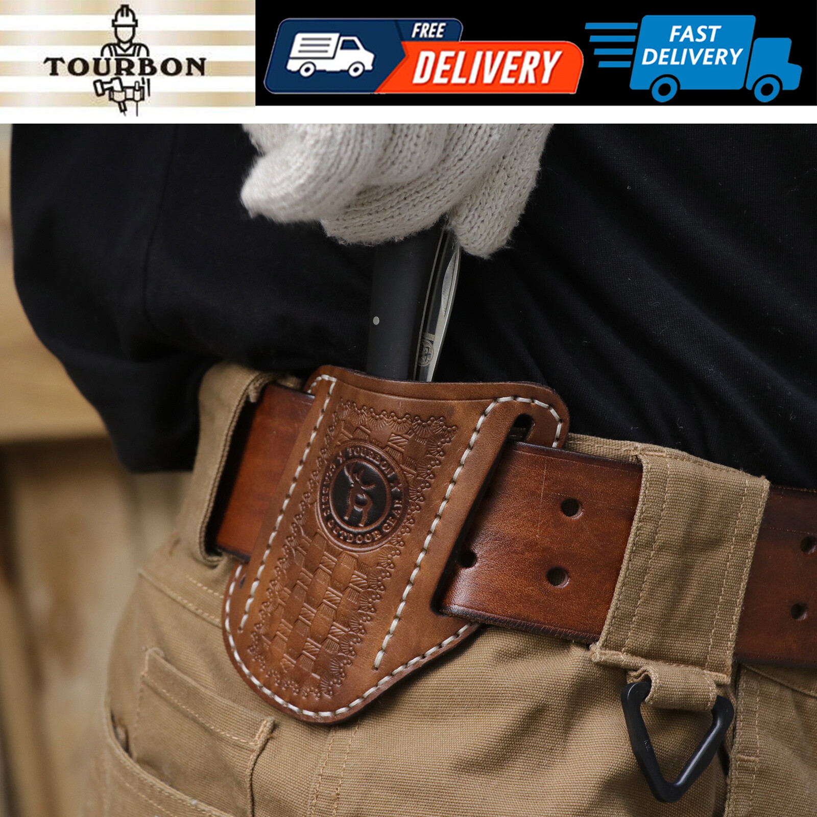 TOURBON Leather Knife Sheath Belt Carry Pouch EDC Folding Pliers Tools Pocket