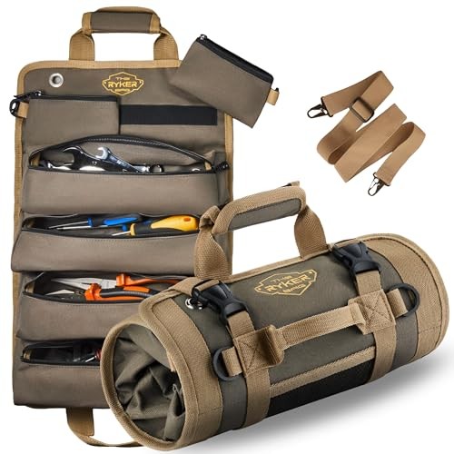 The Ryker Roll Up Tool Bag Organizer Gifts for Dad. Heavy Duty Motorcycle Khaki