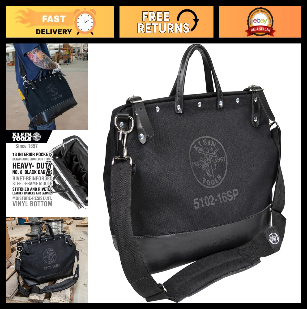 Large 16-Inch Canvas Tool Bag Organizer with 13 Pockets & Shoulder Strap – Black