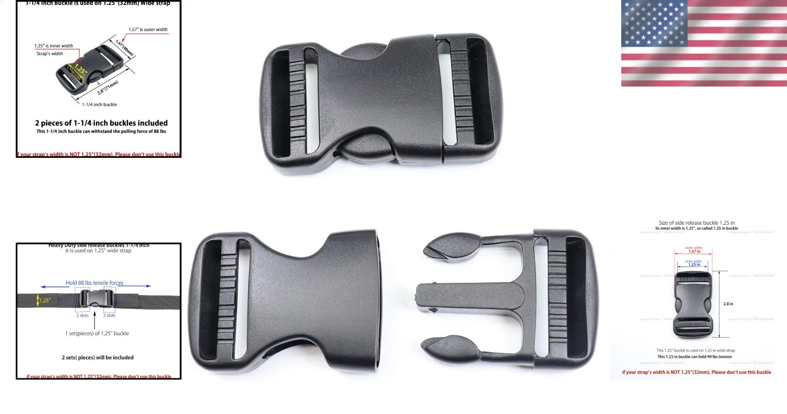 Heavy Duty 1-1/4 Inch Plastic Side Release Buckles 2 Sets Black Webbing Strap