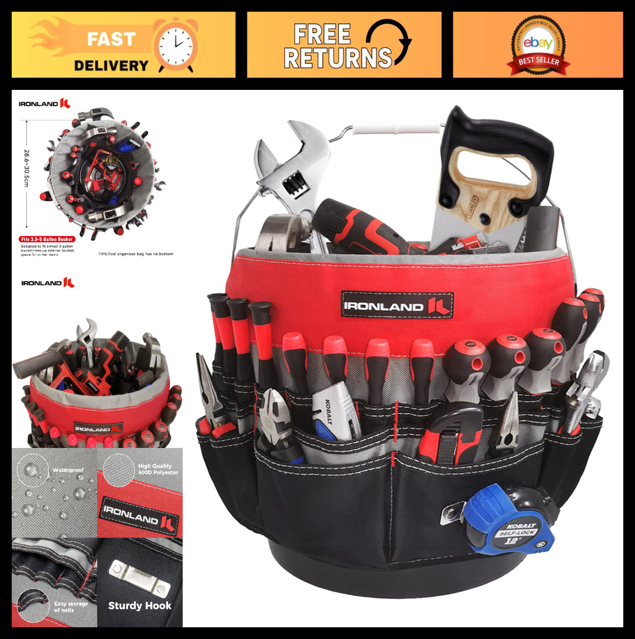 Bucket Tool Organizer with 51 Pockets for 3.5-5 Gallon Buckets – Ideal for Garde