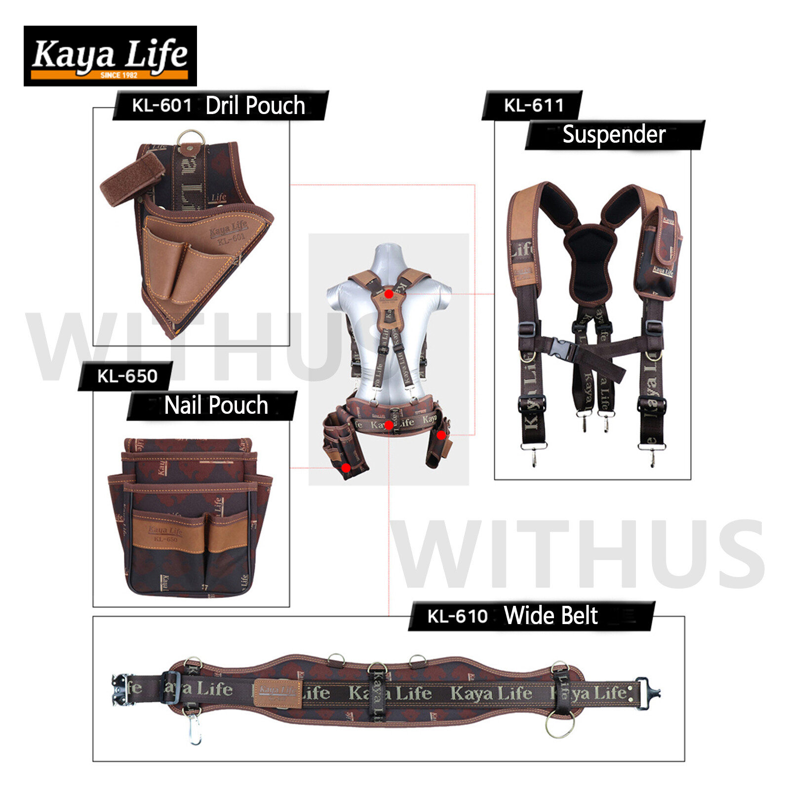 KAYALIFE KL-600 Work Tool Belt Set Suspenders Drill Pouch Holder Made in Korea