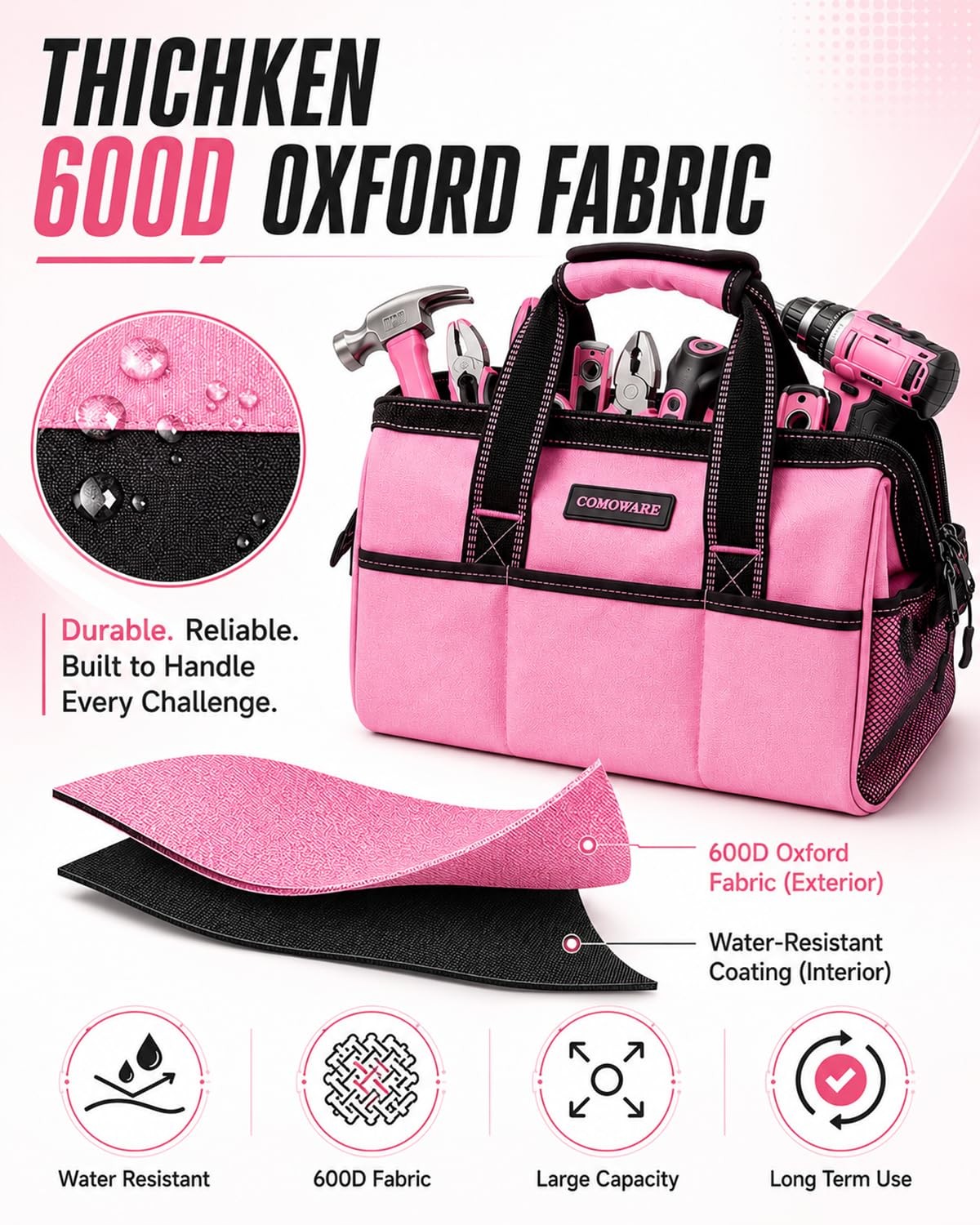 Pink 13 Inch Tool Bag Soft Storage Tote Wide Mouth Inside Pockets Organizer