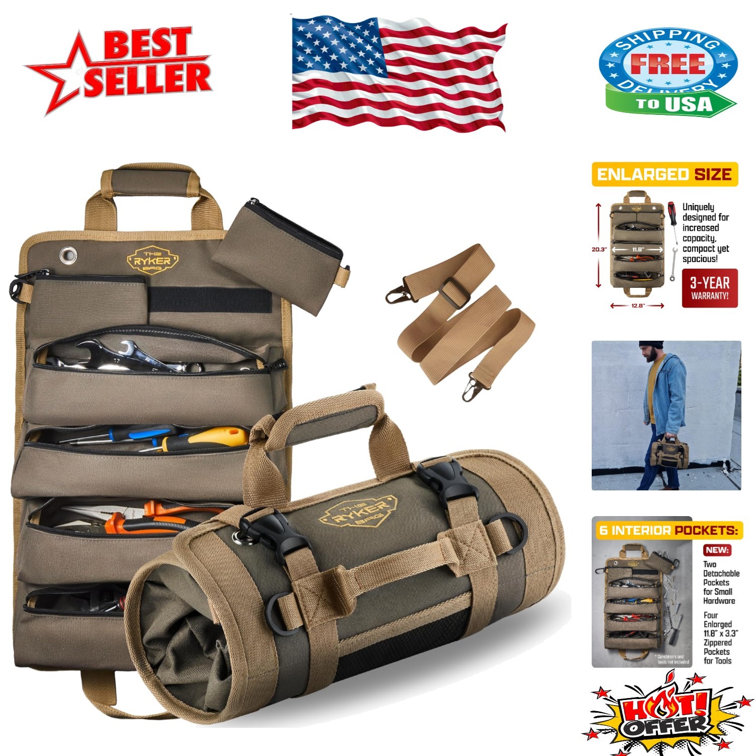 Portable 6-Compartment Tool Roll Bag – Organized Storage for Mechanics