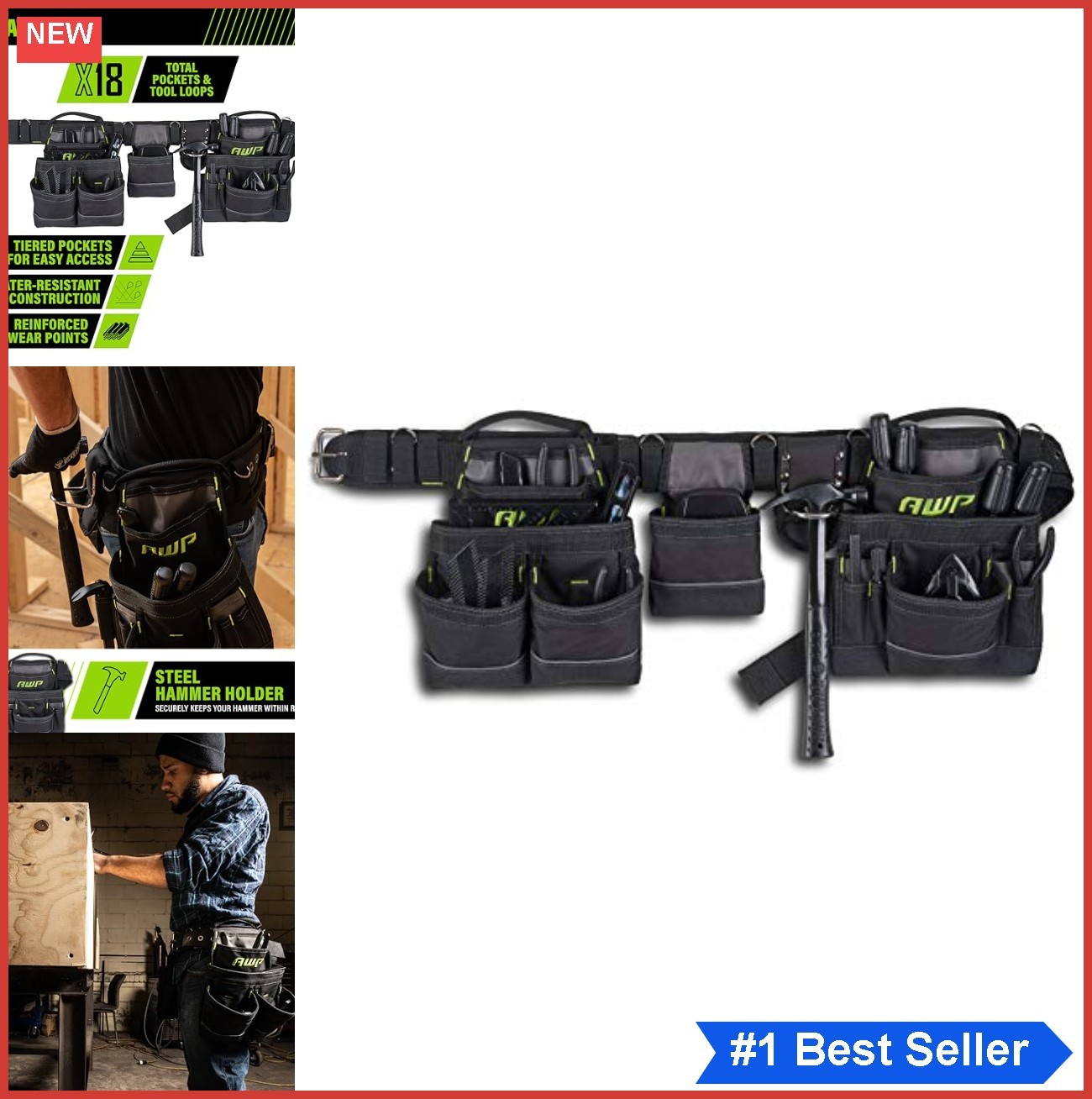 Tool Belt 18 Pockets Padded Shoulder Waist Straps 600D Polyester Black Heavy