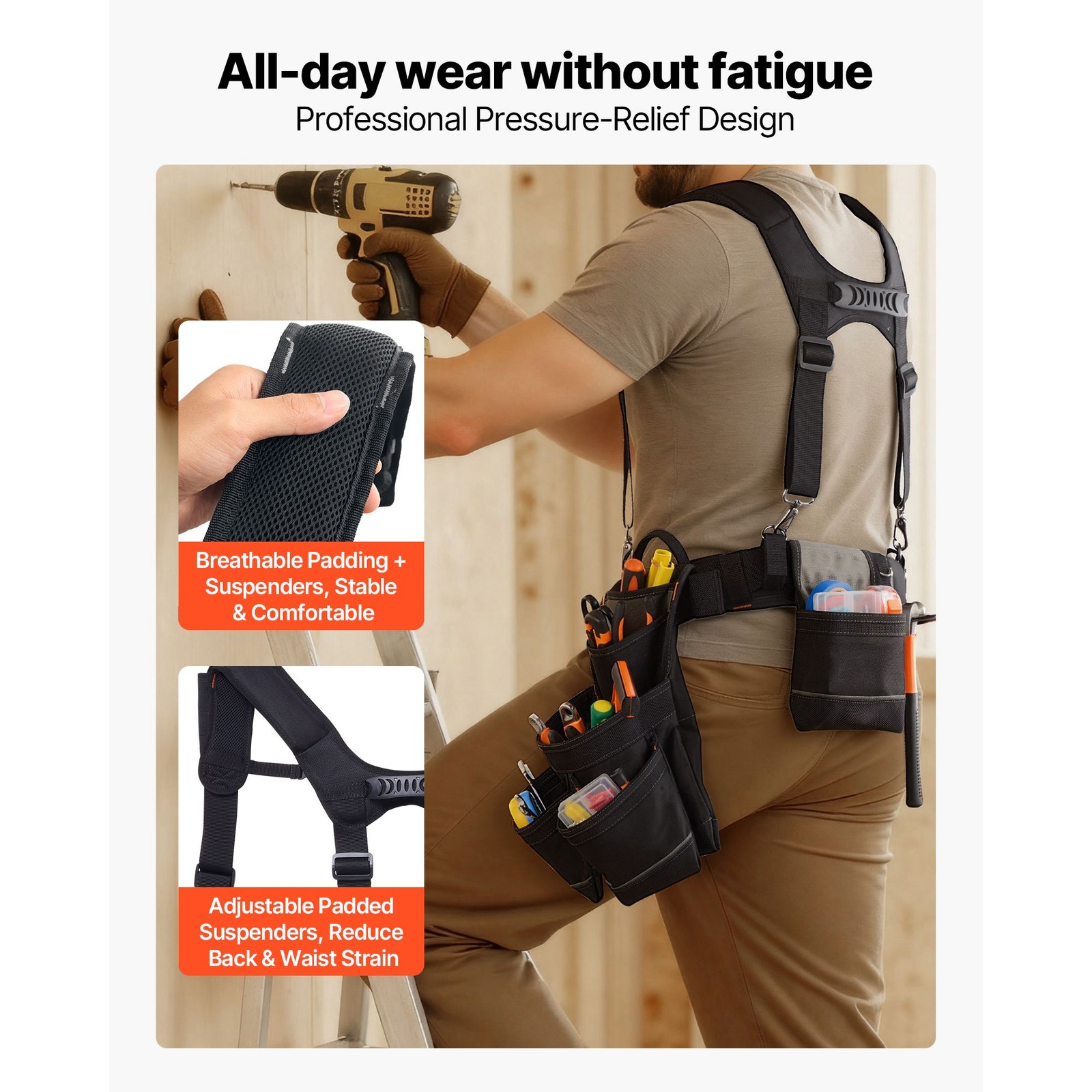 19-Pocket Work Belt with Detachable Suspenders, 31-51in