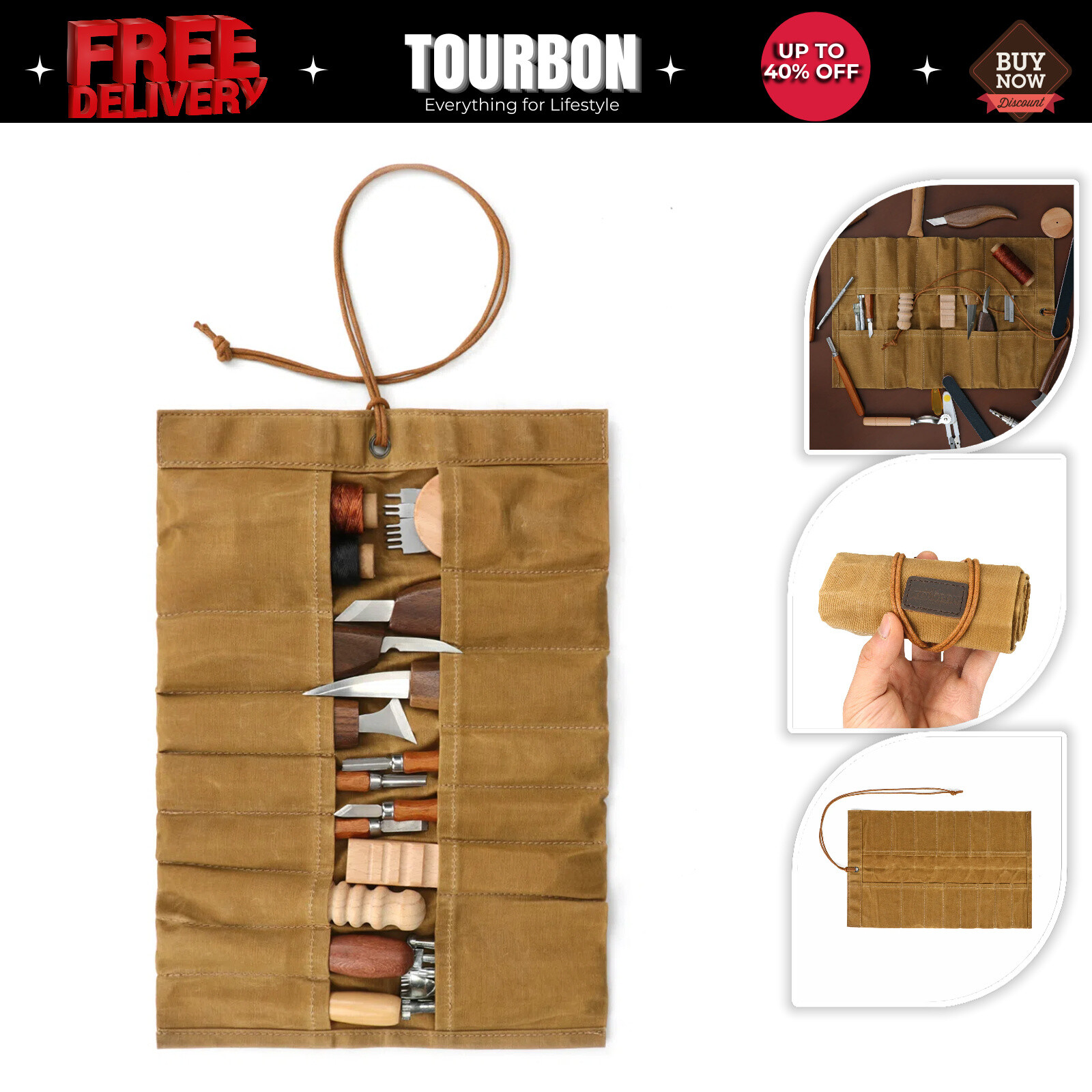 TOURBON Canvas Tool Roll Carry Holder Carving Knife Organizer Bag Handy Pouch