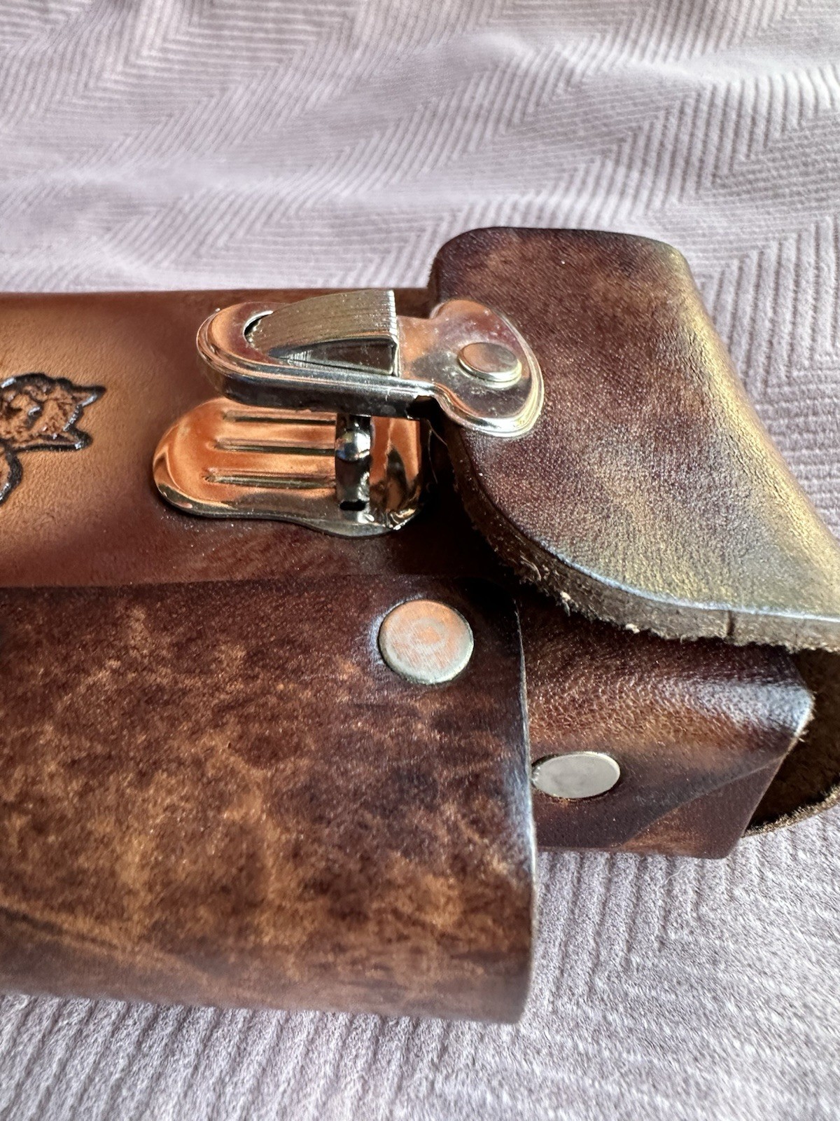 Brown Leather Pouch w/ Belt Loop, Snap Flap Closure, Embossed Cat