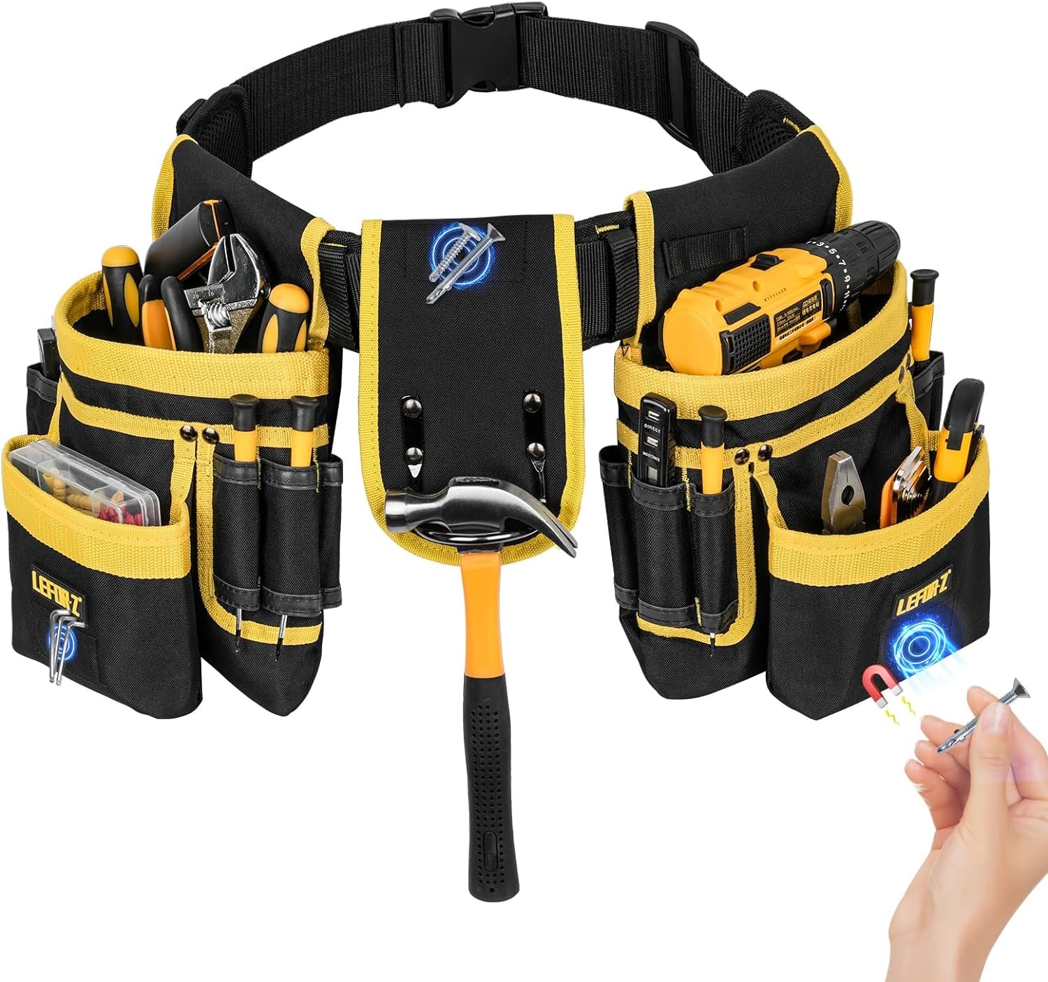 27-Pocket Magnetic Tool Belt Heavy Duty Adjustable Tool Pouch Bag Black/Yellow
