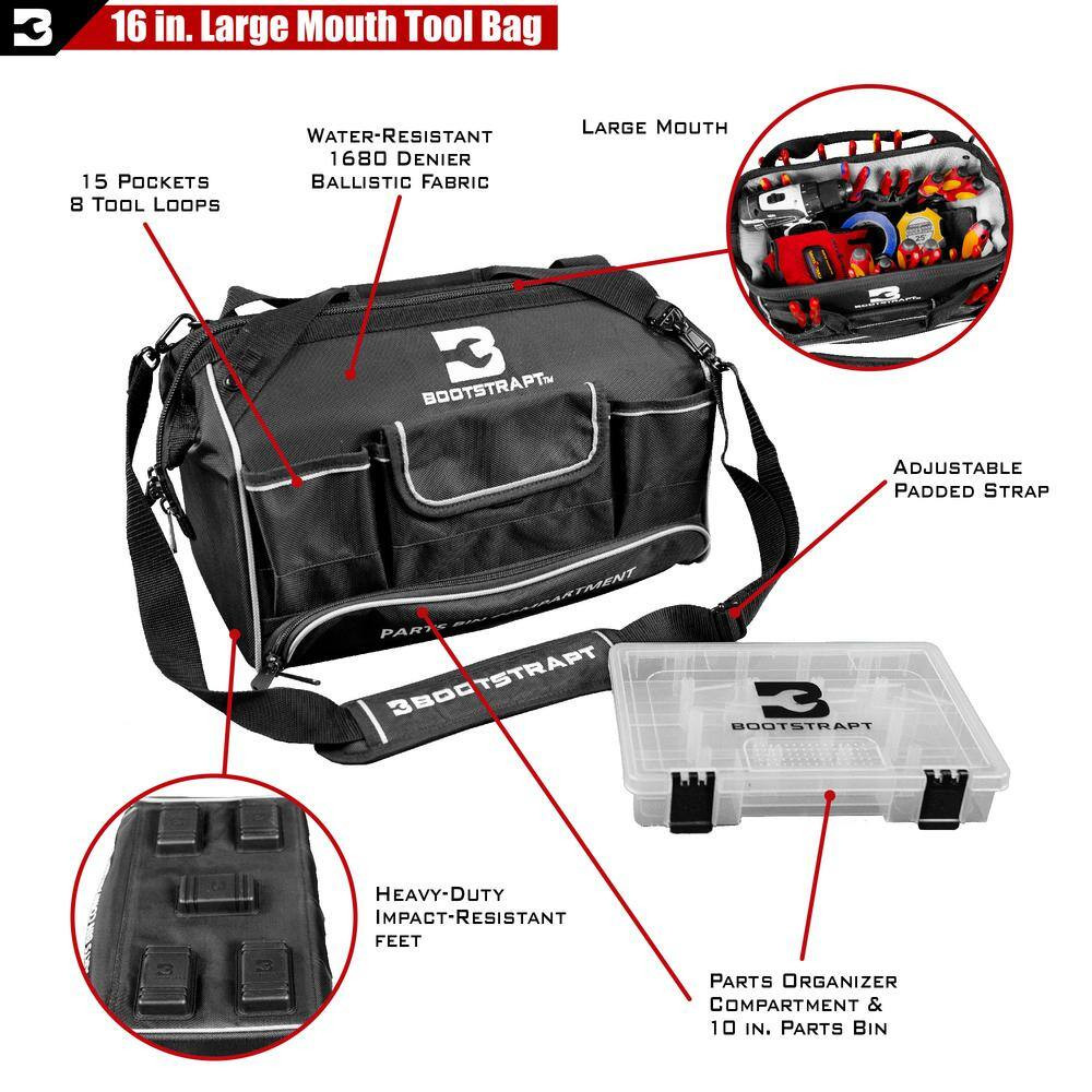 16 In. Large Mouth Tool Bag with Integrated Parts Bin Compartment Free Shipping