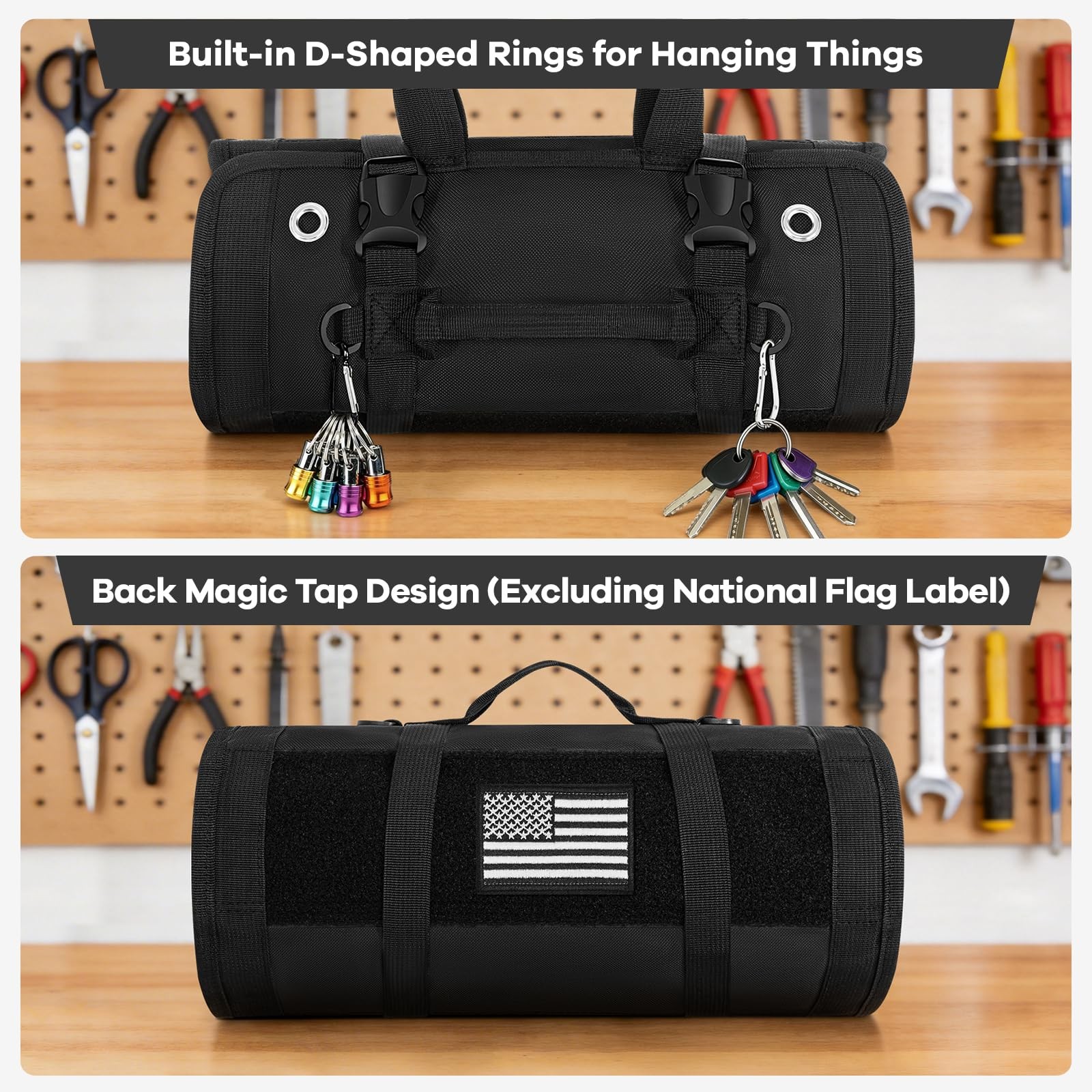Black Standard Heavy Duty Roll Up Tool Bag Organizer 2 Detachable Pouch Garage
