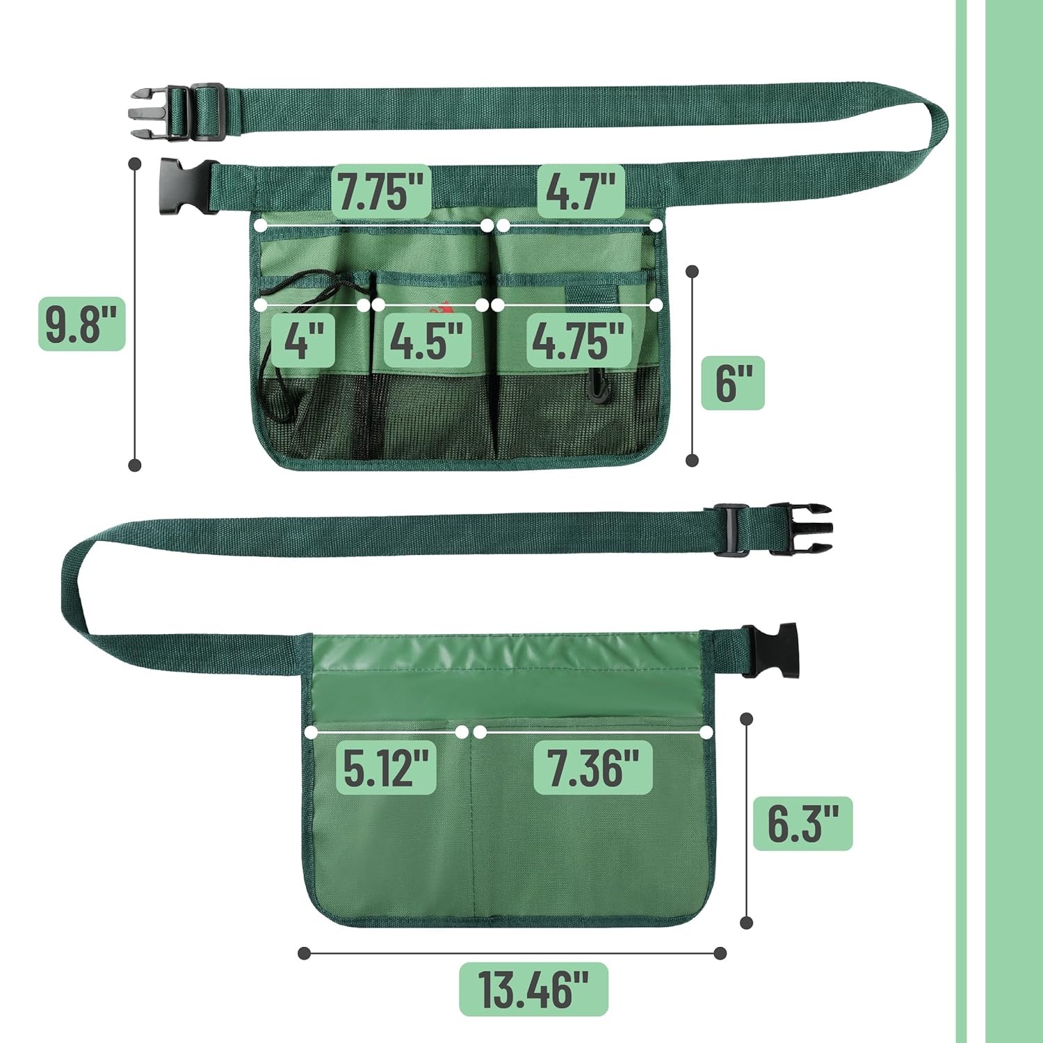 Adjustable Garden Tool Belt 7 Pockets Green Water Resistant Waist Apron