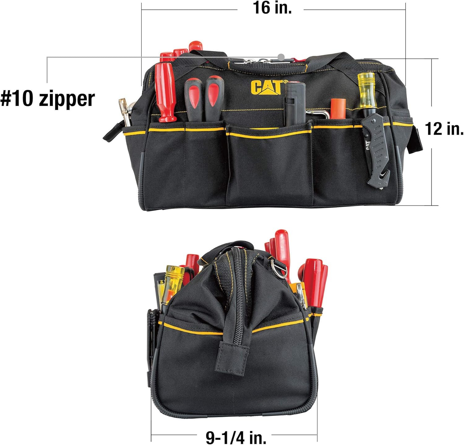 CAT 16-Inch Pro Wide Mouth Tool Bag, 14 Pockets for Tool Storage and Organizatio