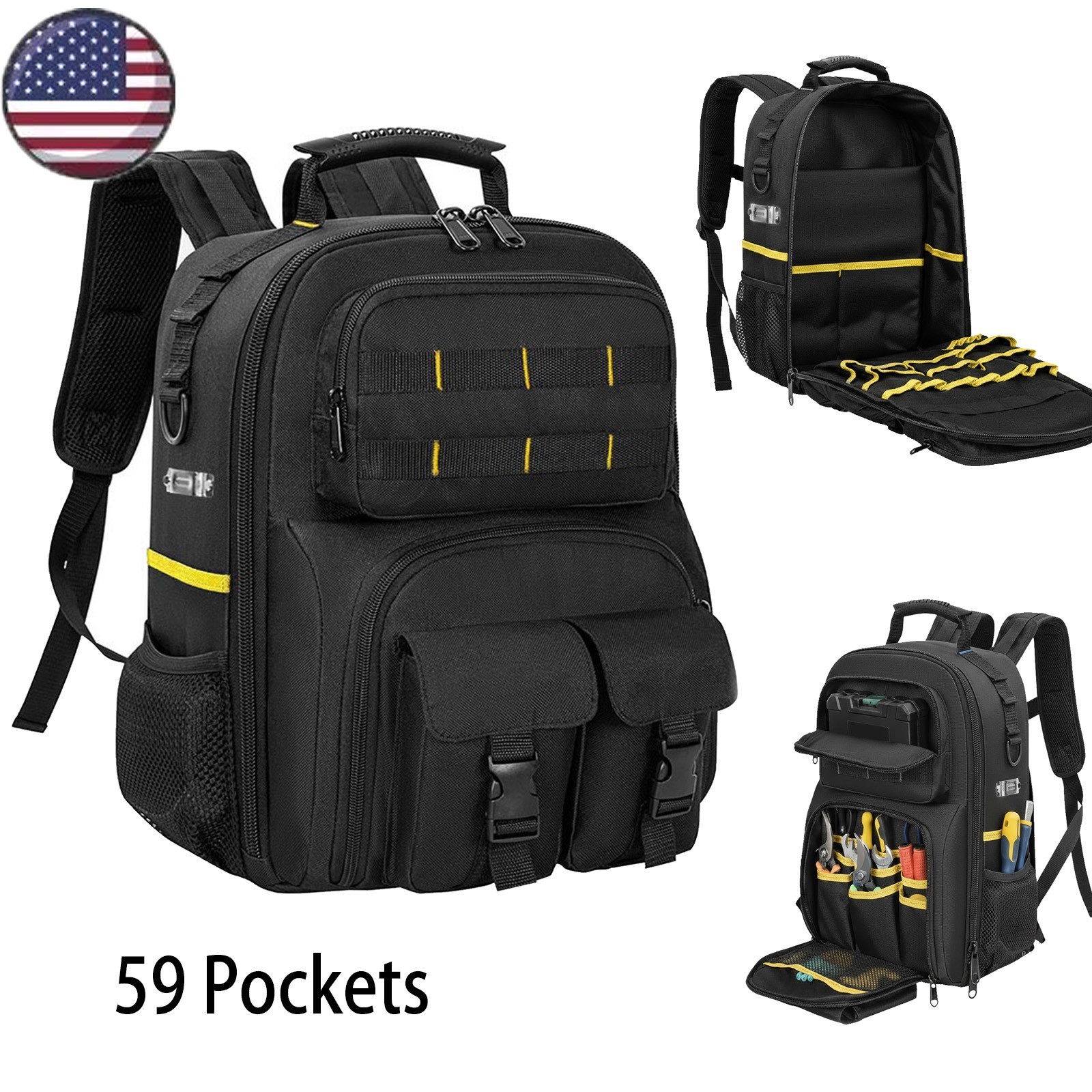Heavy Duty Tool Backpack for Men Electrician HVAC Construction Bag w/ 59 Pockets