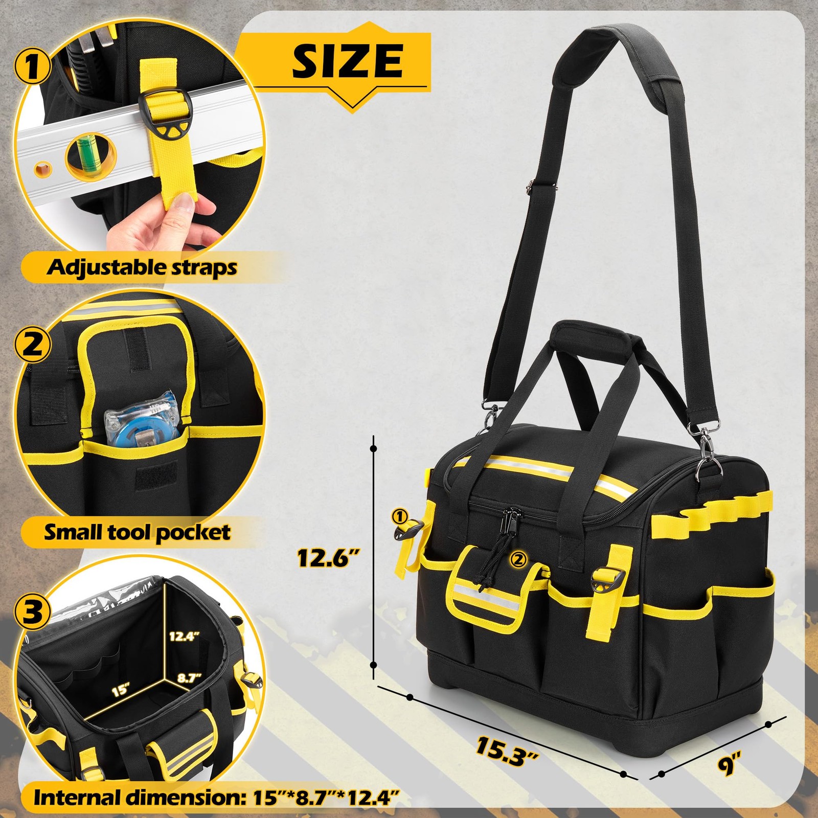 15-Inch Tool Organizer Bag with Hard 15.3″x9″x12.6 inches, Black