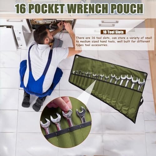 14/16 Pockets Wrench Roll Up Organizer, Wrench Bag and Tool Organizer Bag, Wren