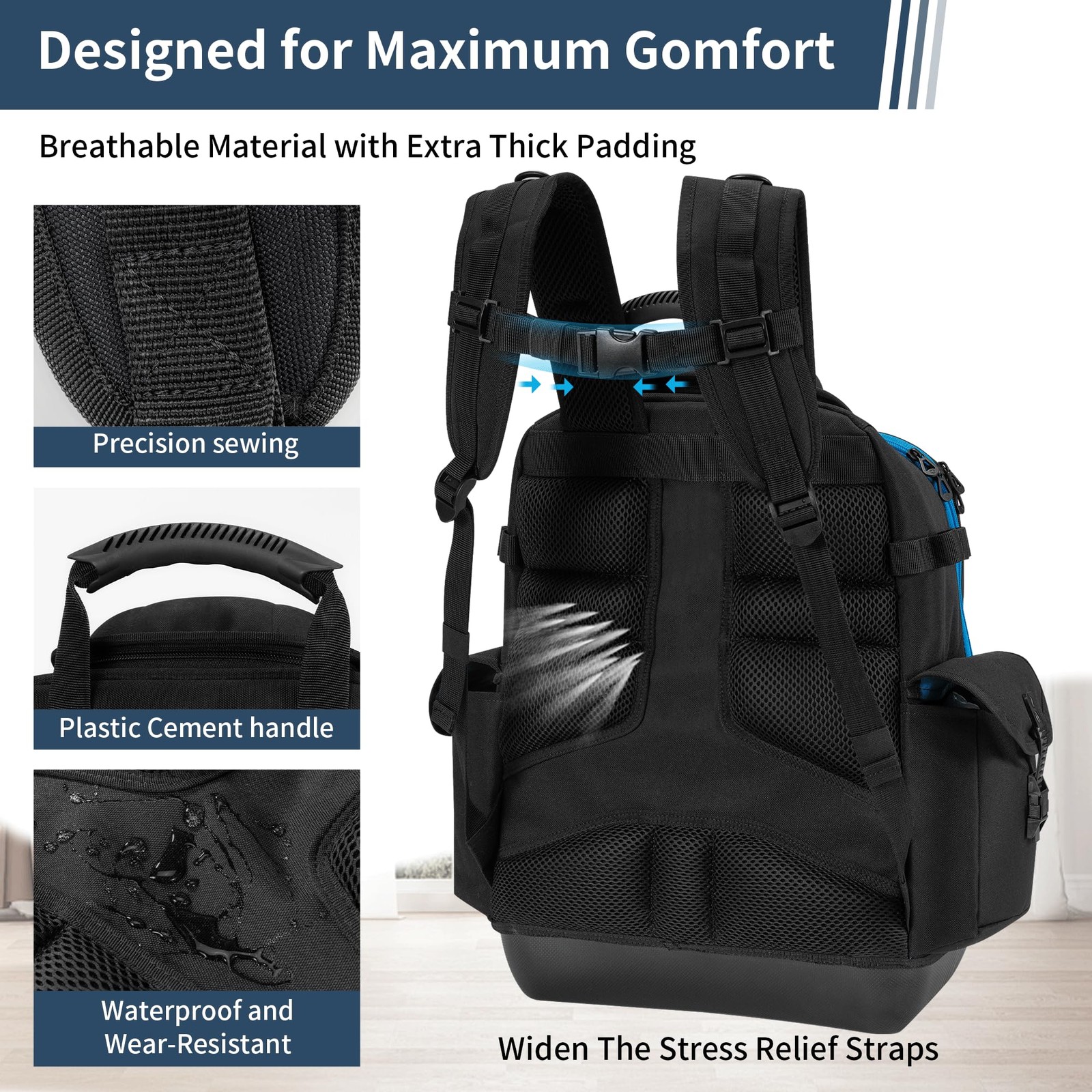 BLISSWILL Tool Bag Backpack for men,Heavy Duty 14″ L x 8″ W x 19.5″ H, Black