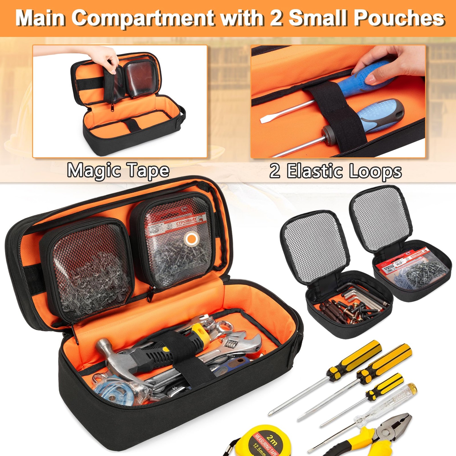 Heavy Duty Small Tool Bag Storage with 2 Zipper Pouches, Multi-functional Tac…