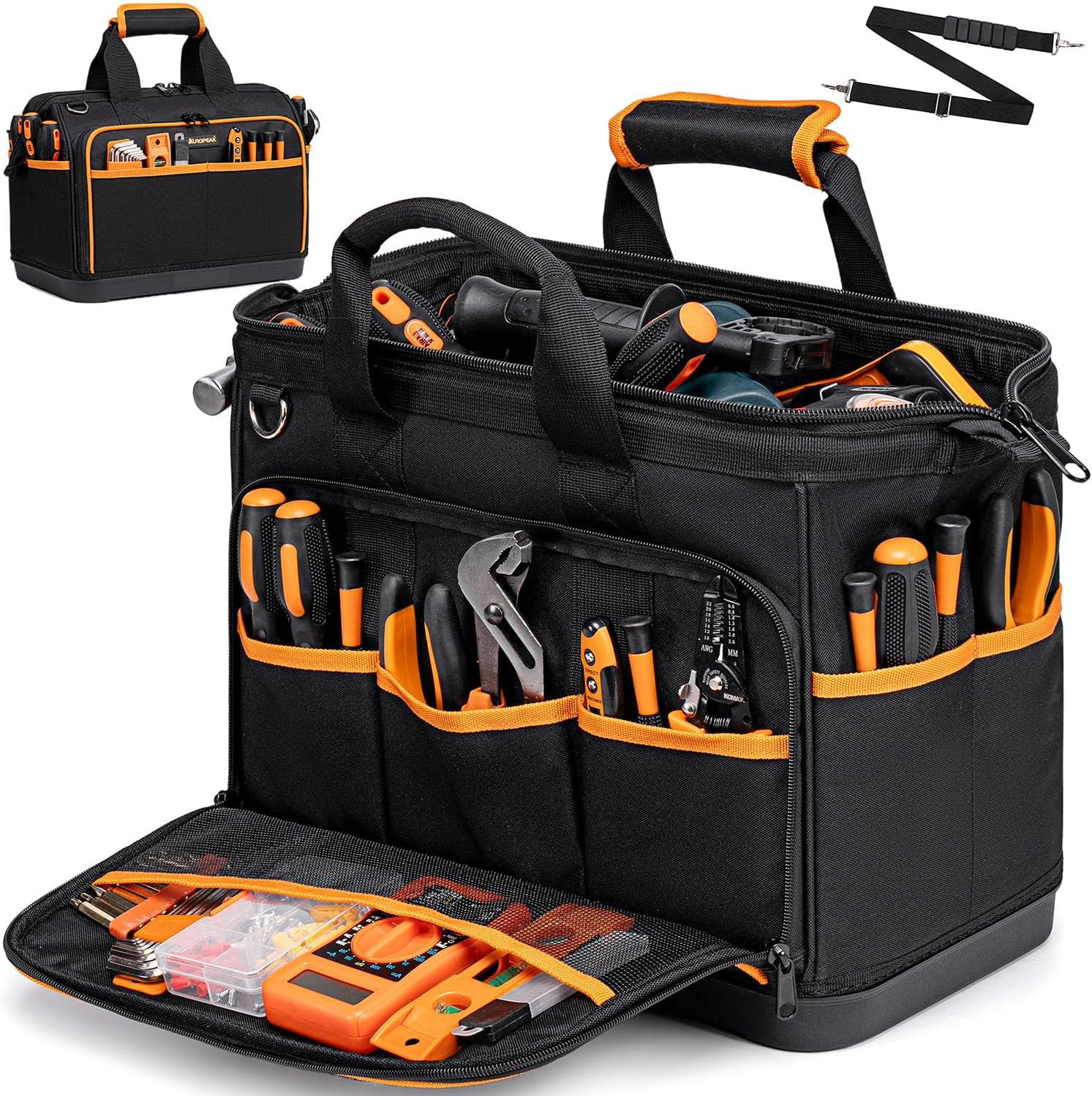 Electrician Tool Bag 17-Inch, 26-Pocket Large Tool Bags for Men Women with Water