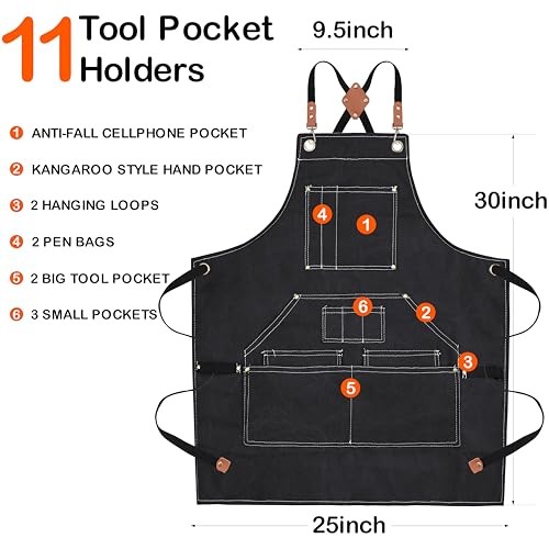 Handmade Work Apron with 11 Tool Pockets, Heavy Duty Waxed Canvas Black