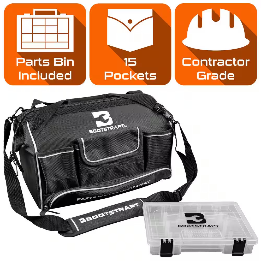 16 In. Large Mouth Tool Bag with Integrated Parts Bin Compartment NEW