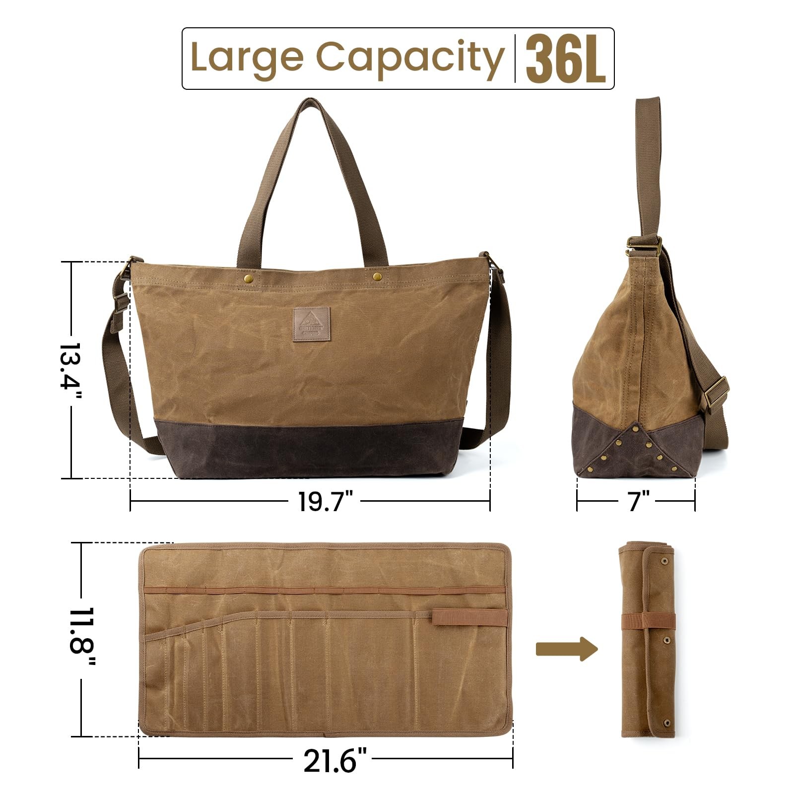 OneTigris Waxed Canvas Tool Tote Bag with Removable Tool Roll Bag, 36L Large …