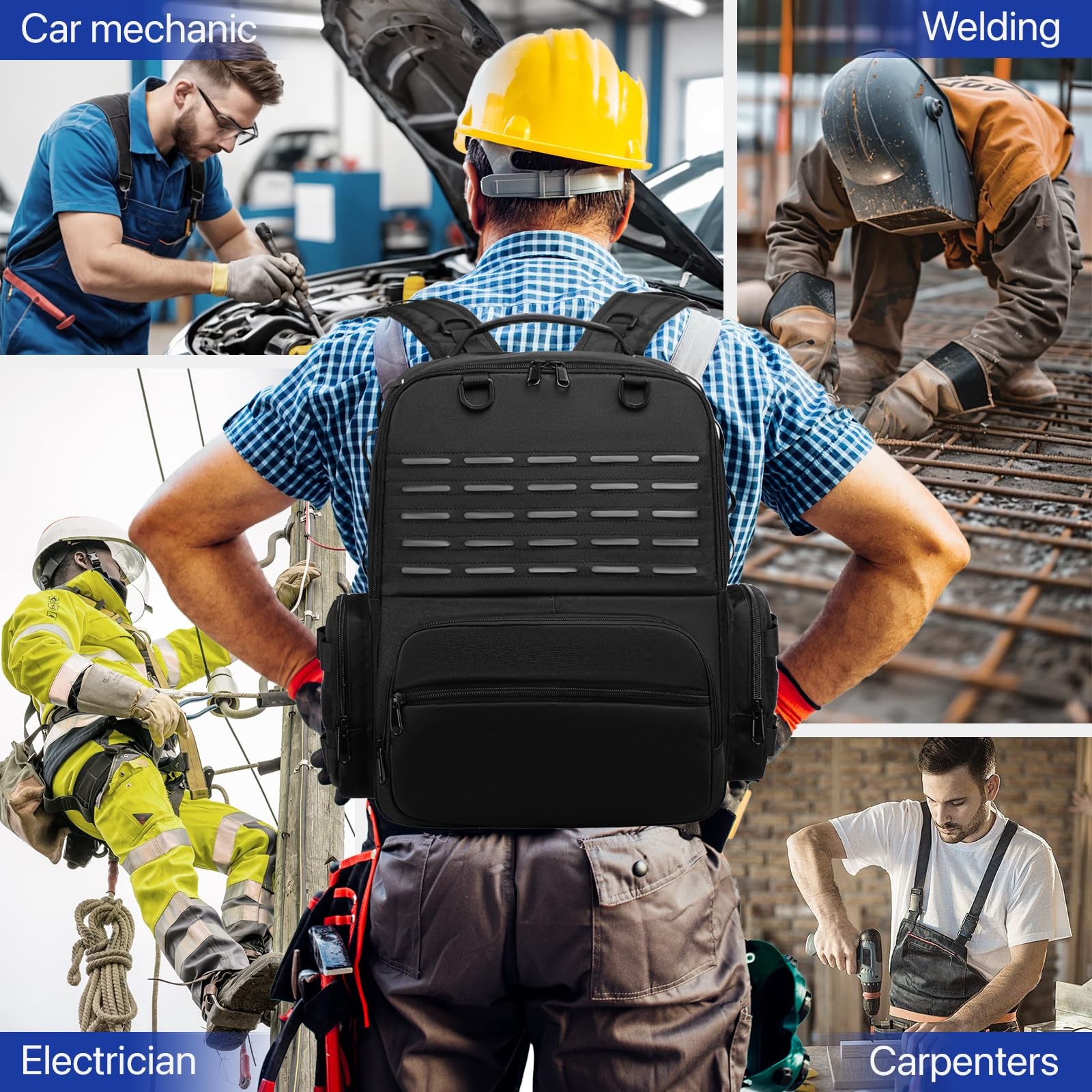 Heavy Duty Tool Backpack Organizer with 3 Pouches for Electricians Technicians