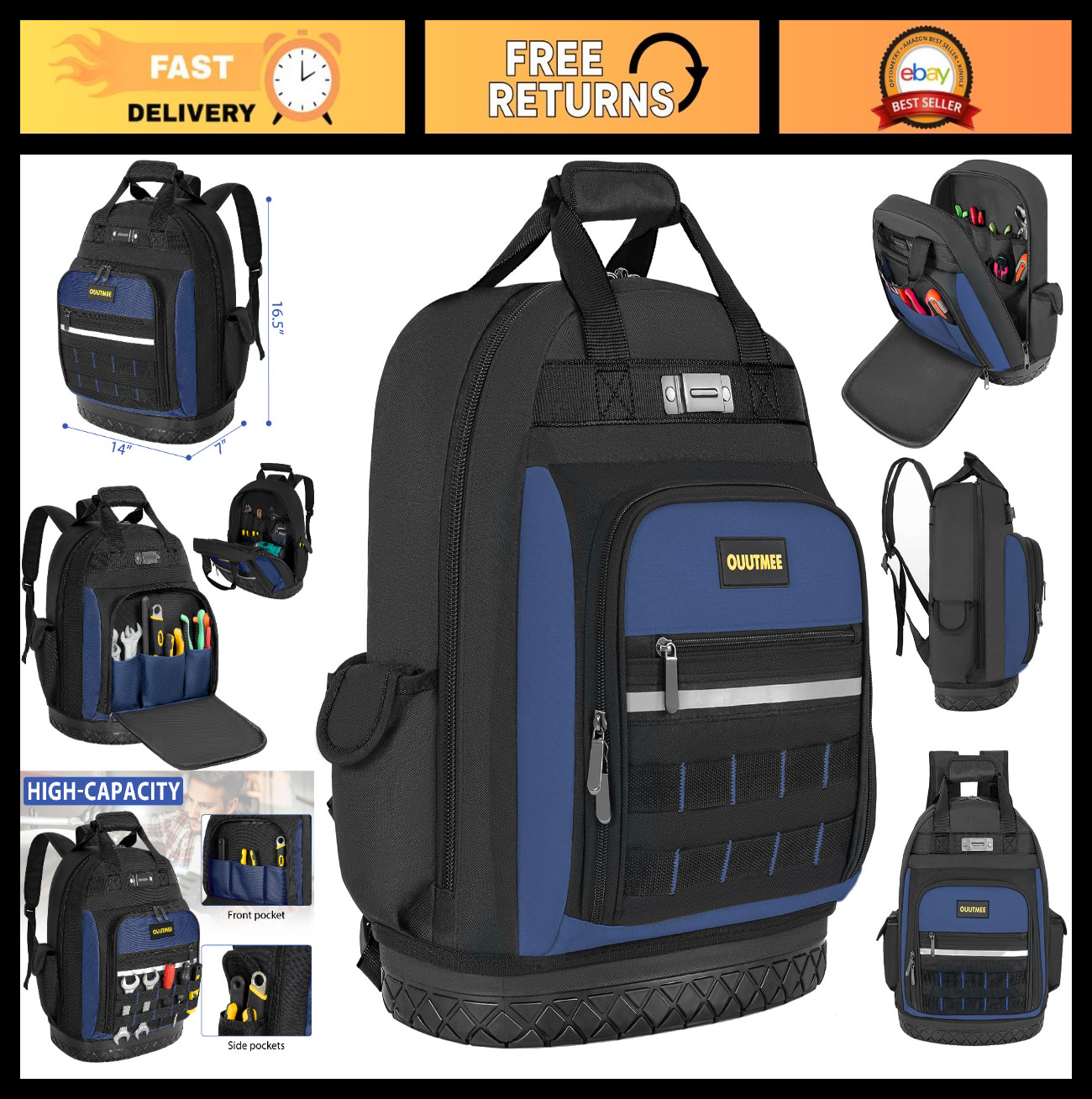 Heavy Duty Tool Backpack 17″ – Water-Resistant Multi-Pocket Bag for Electricians