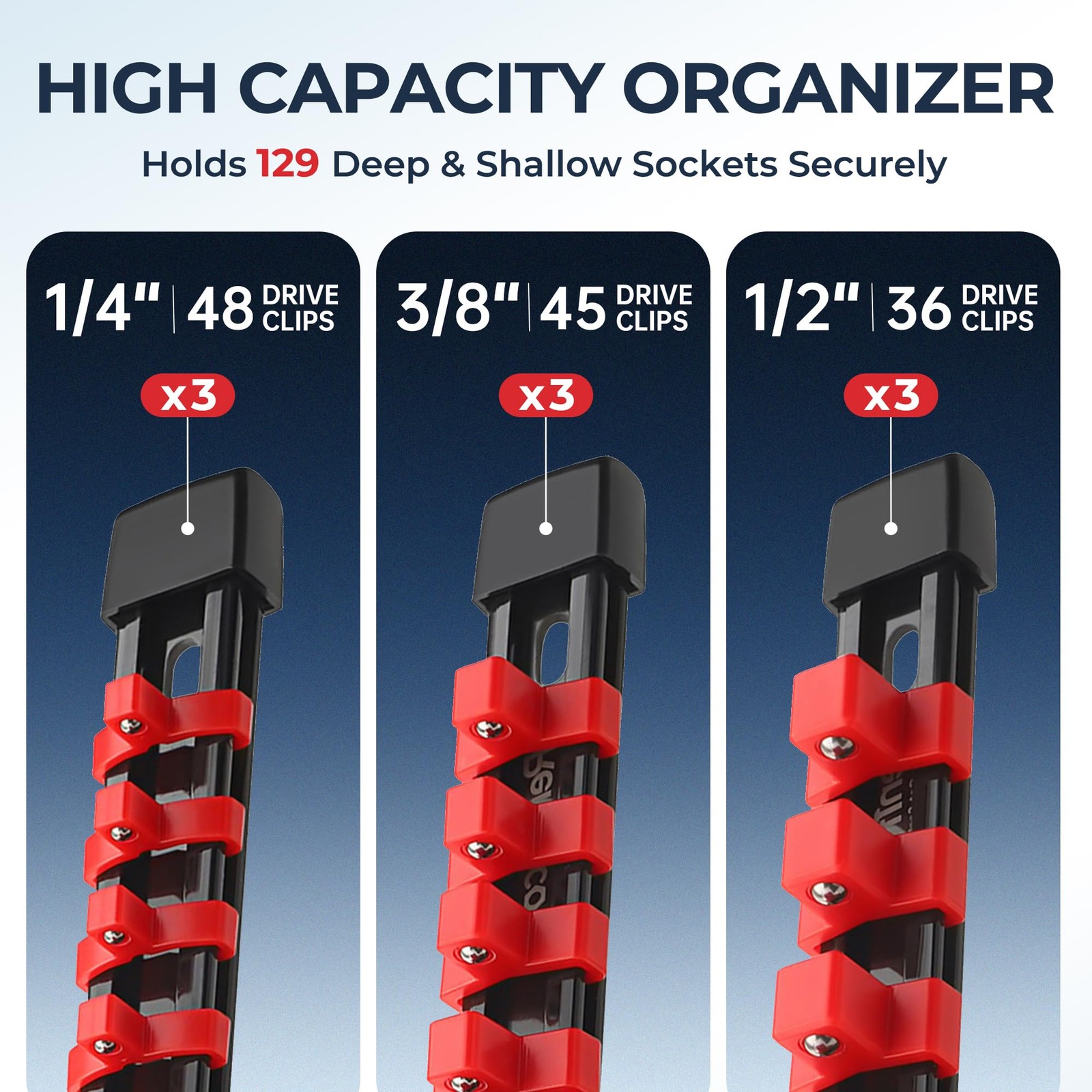 Reniteco 9-Piece Socket Organizer Set – 1/4-Inch x 48 Clips, 9 Pcs, Red