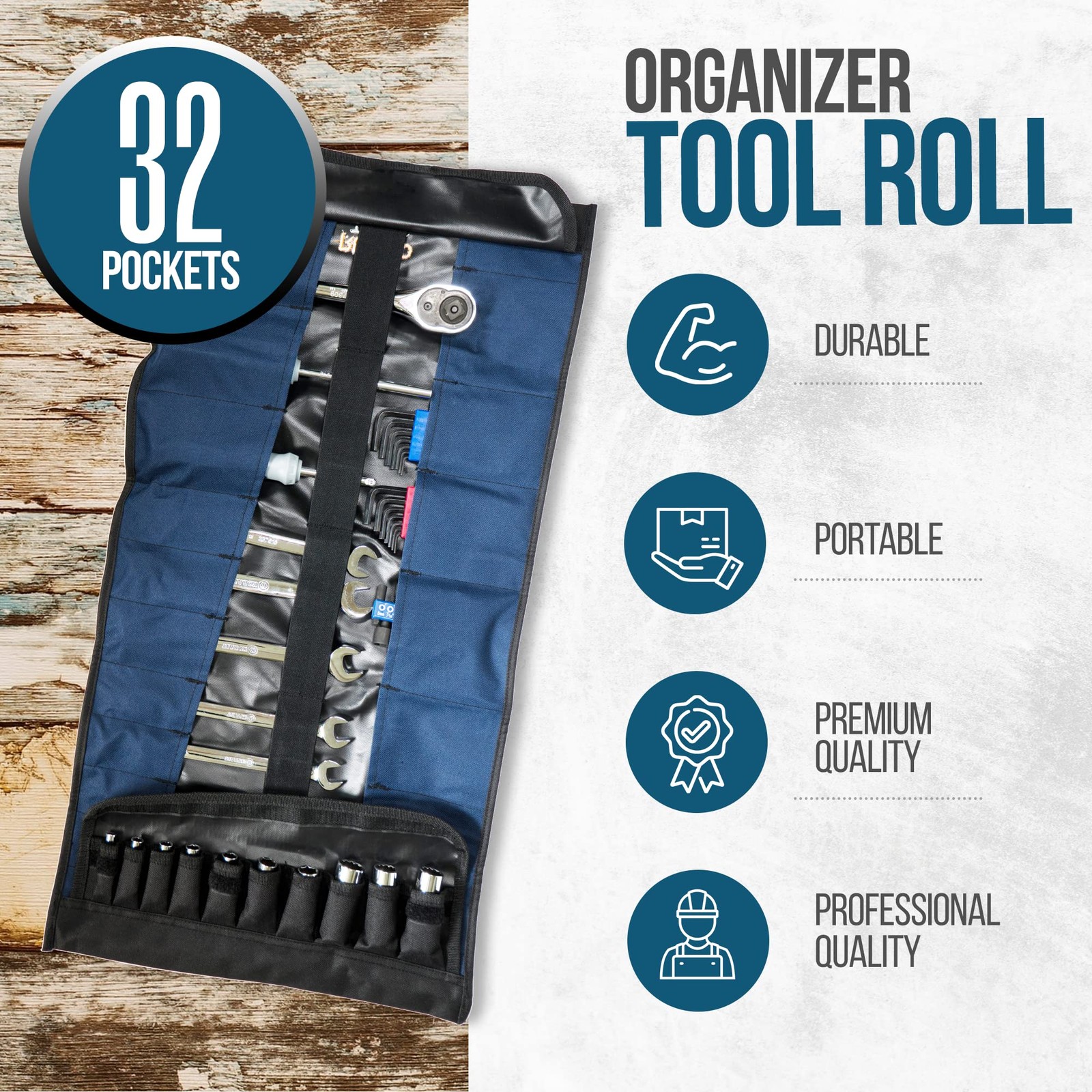 32 Pocket Tool Roll 24 inches (L) x 14 (W) x 24 (H), Black