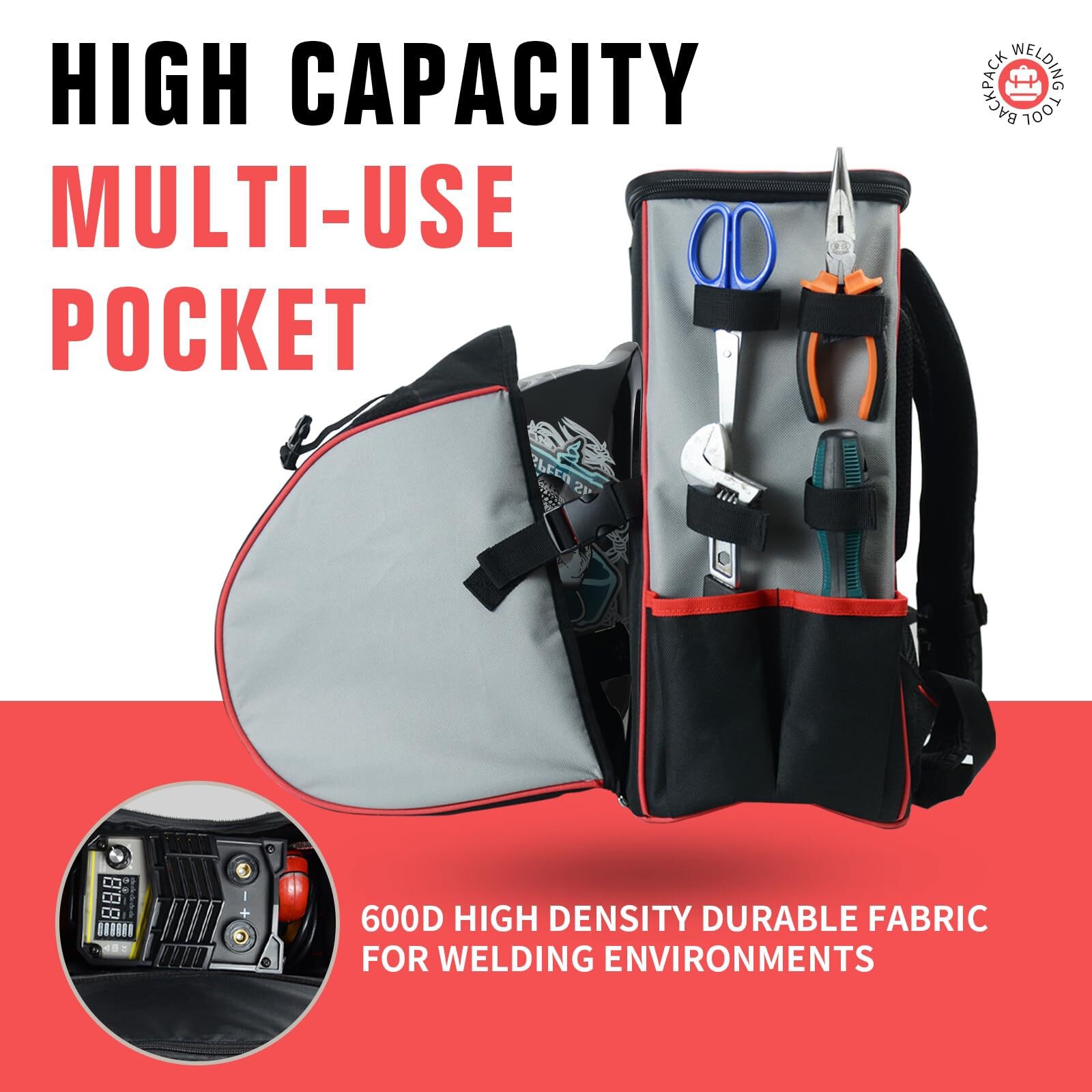 TRQWH Industrial Welding Gear Pack with Helmet Holder, 14 Compartments, Black