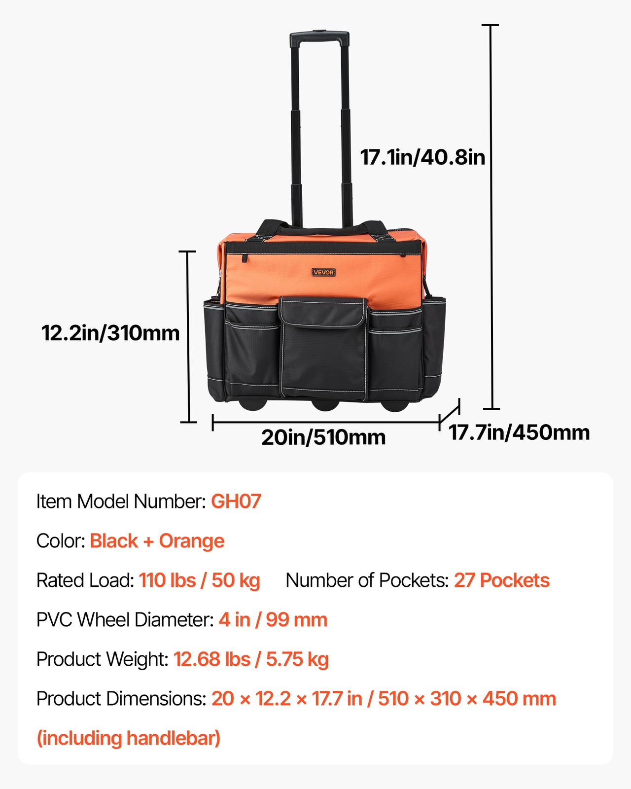 VEVOR Rolling Tool Bag 25/27/45/72 Pockets Heavy Duty Roller Tool Bag on Wheels