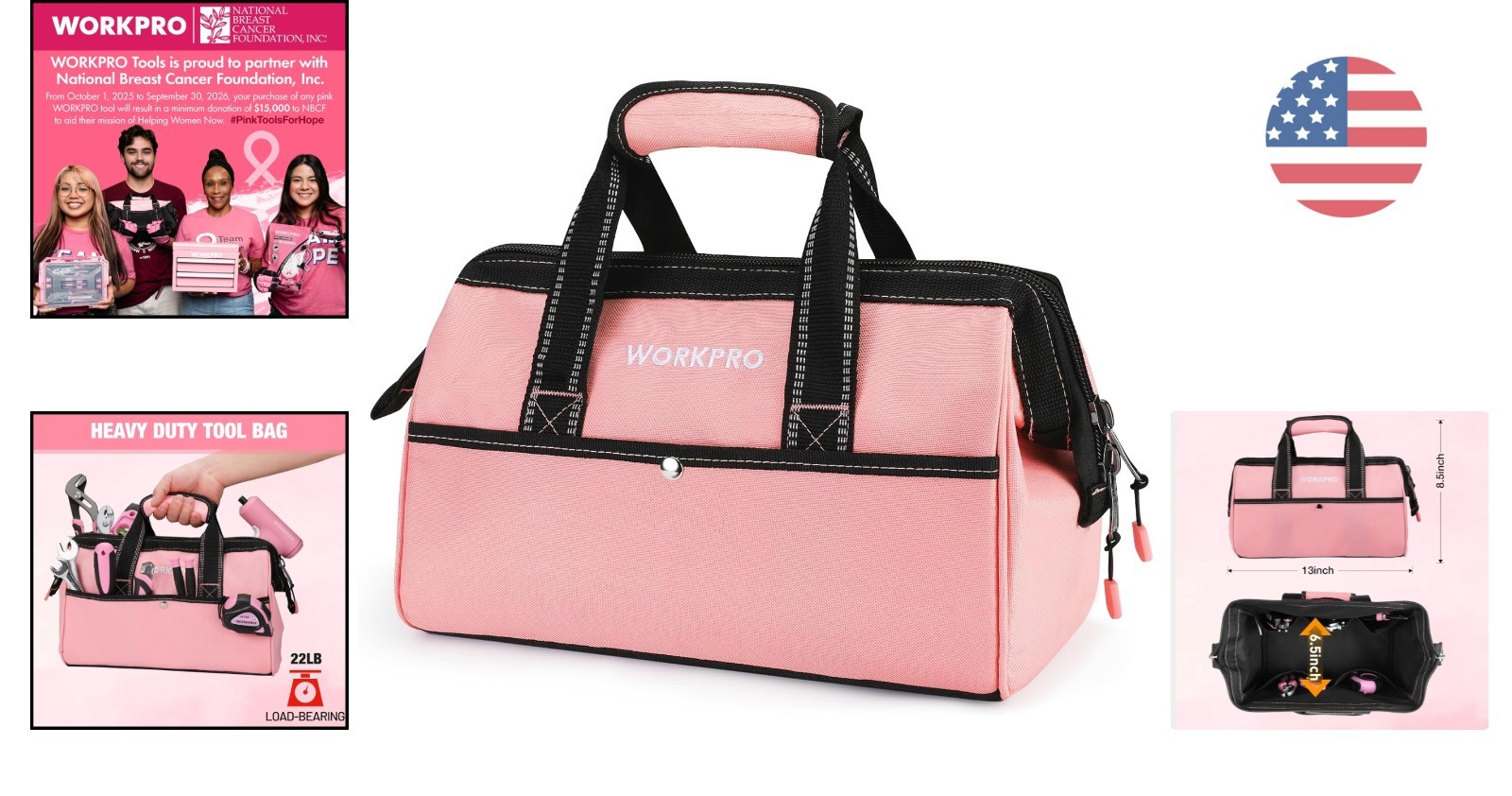 Chic 13-Inch Pink Tool Bag – Wide Mouth Tote with 9 Pockets for Easy Access