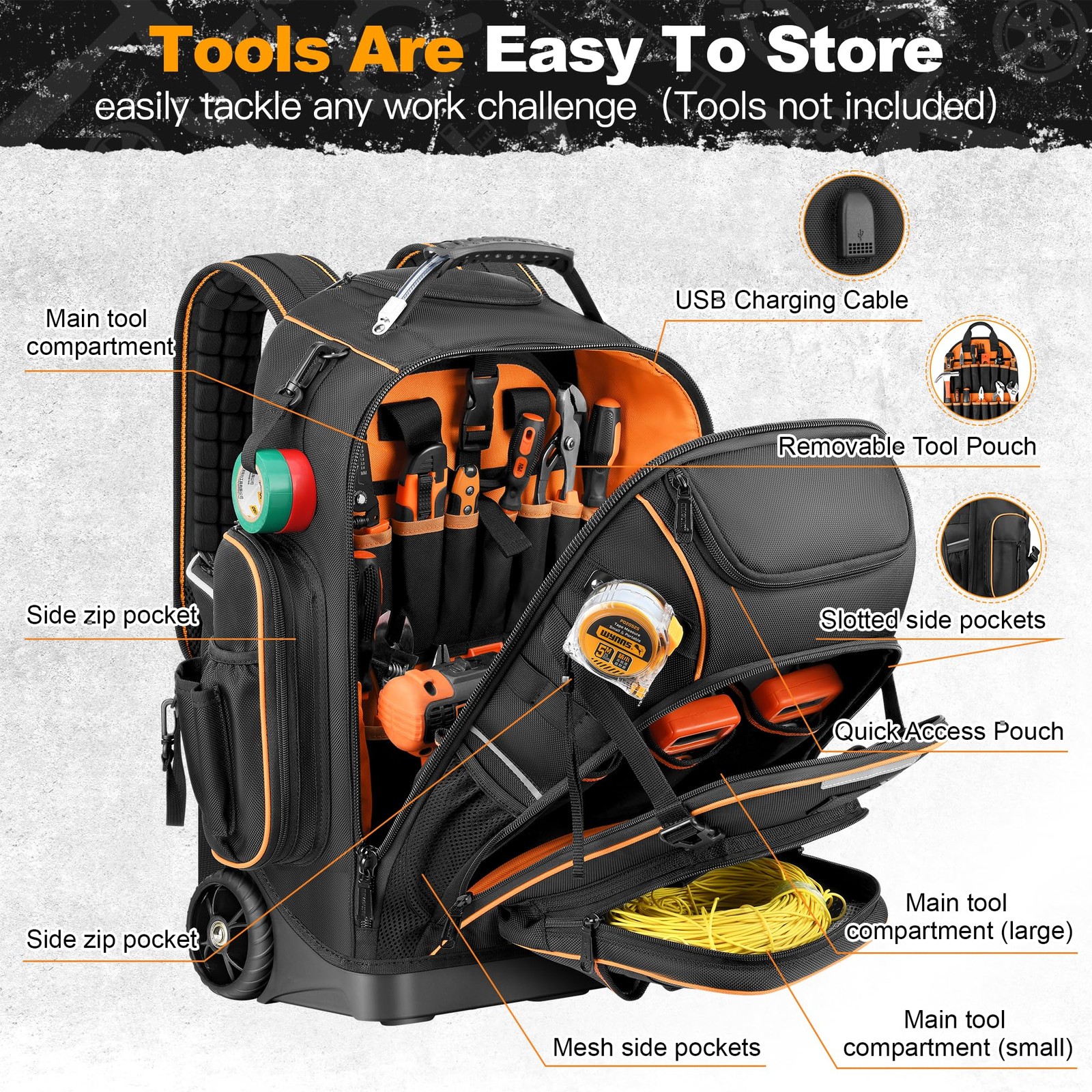 Rolling Tool Backpack Bag with Wheels, Heavy Duty Tool Bag on Wheels for Men, HV