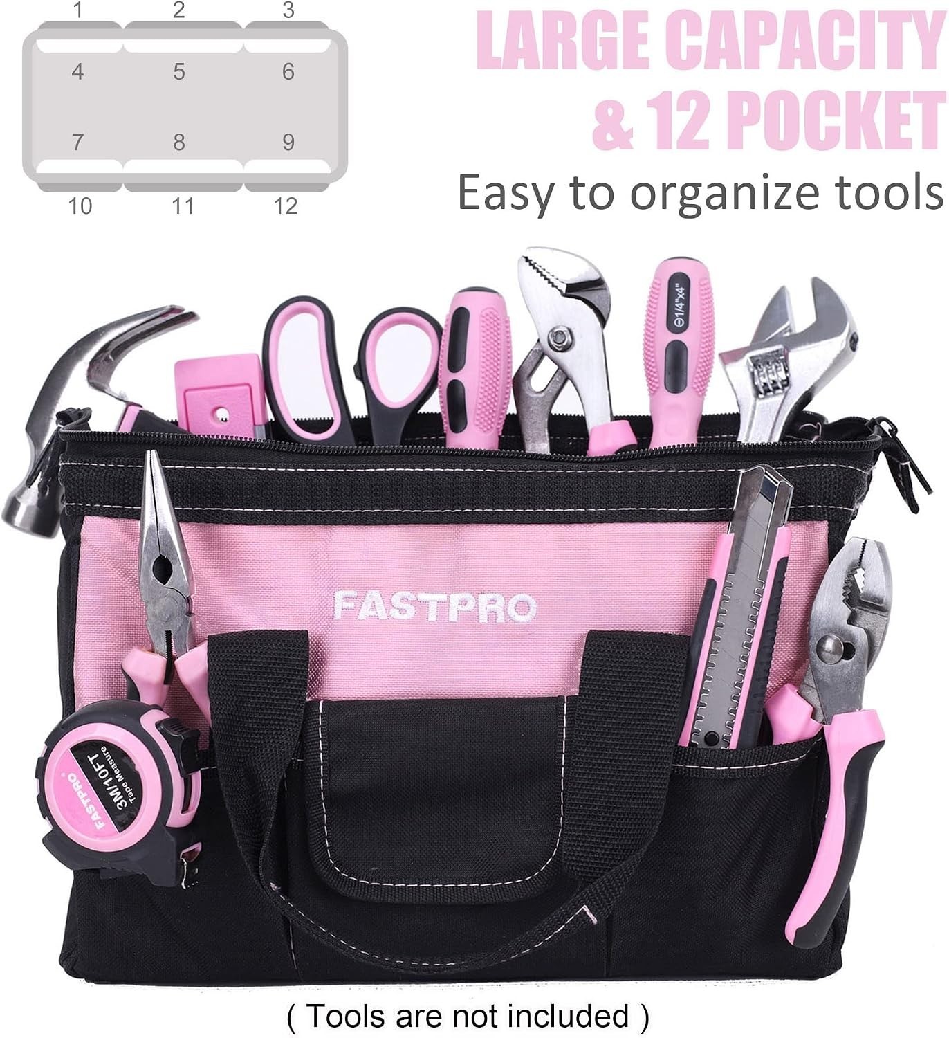12-Inch Pink Tool Bag,Zip-top Wide Mouth Open Storage, 600D Polyester Fabric …