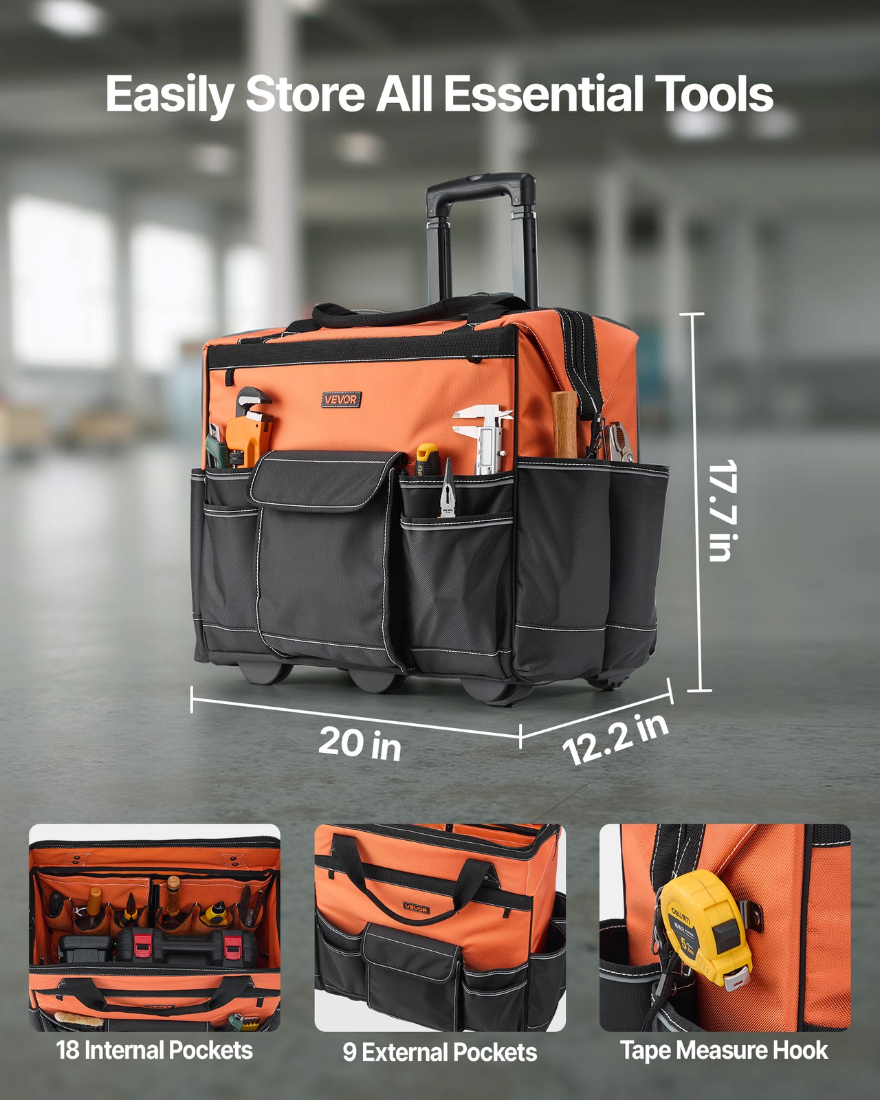 VEVOR Rolling Tool Bag 25/27/45/72 Pockets Heavy Duty Roller Tool Bag on Wheels